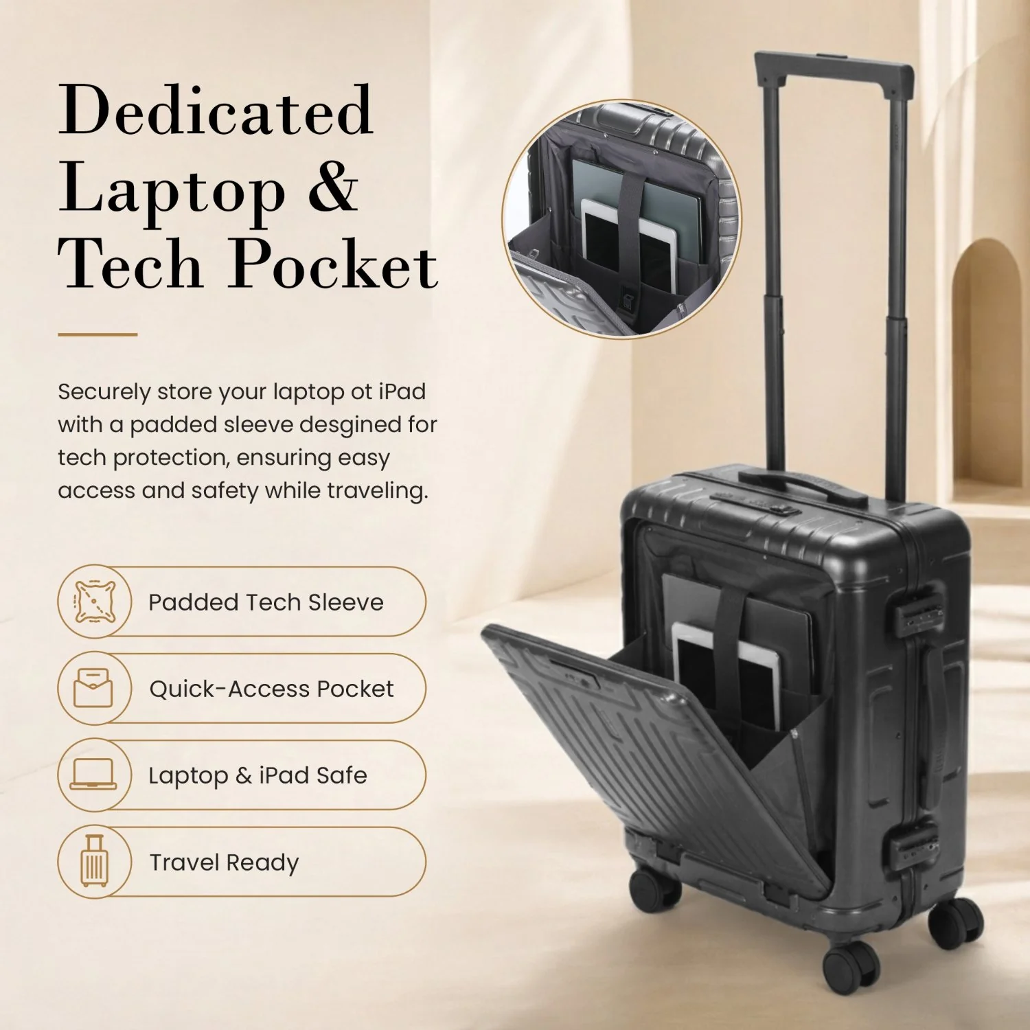 Aerolite M-Lite Aluminium Frame Cabin Suitcase 55x40x20cm, Hinomoto STOP Wheels, Zippeless TSA Latch Lock, Front Laptop Compartment, 15 Year Warranty - Charcoal - Image 4