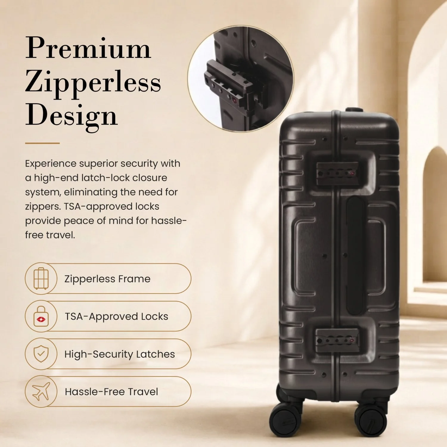Aerolite M-Lite Aluminium Frame Cabin Suitcase 55x40x20cm, Hinomoto STOP Wheels, Zippeless TSA Latch Lock, Front Laptop Compartment, 15 Year Warranty - Charcoal - Image 6