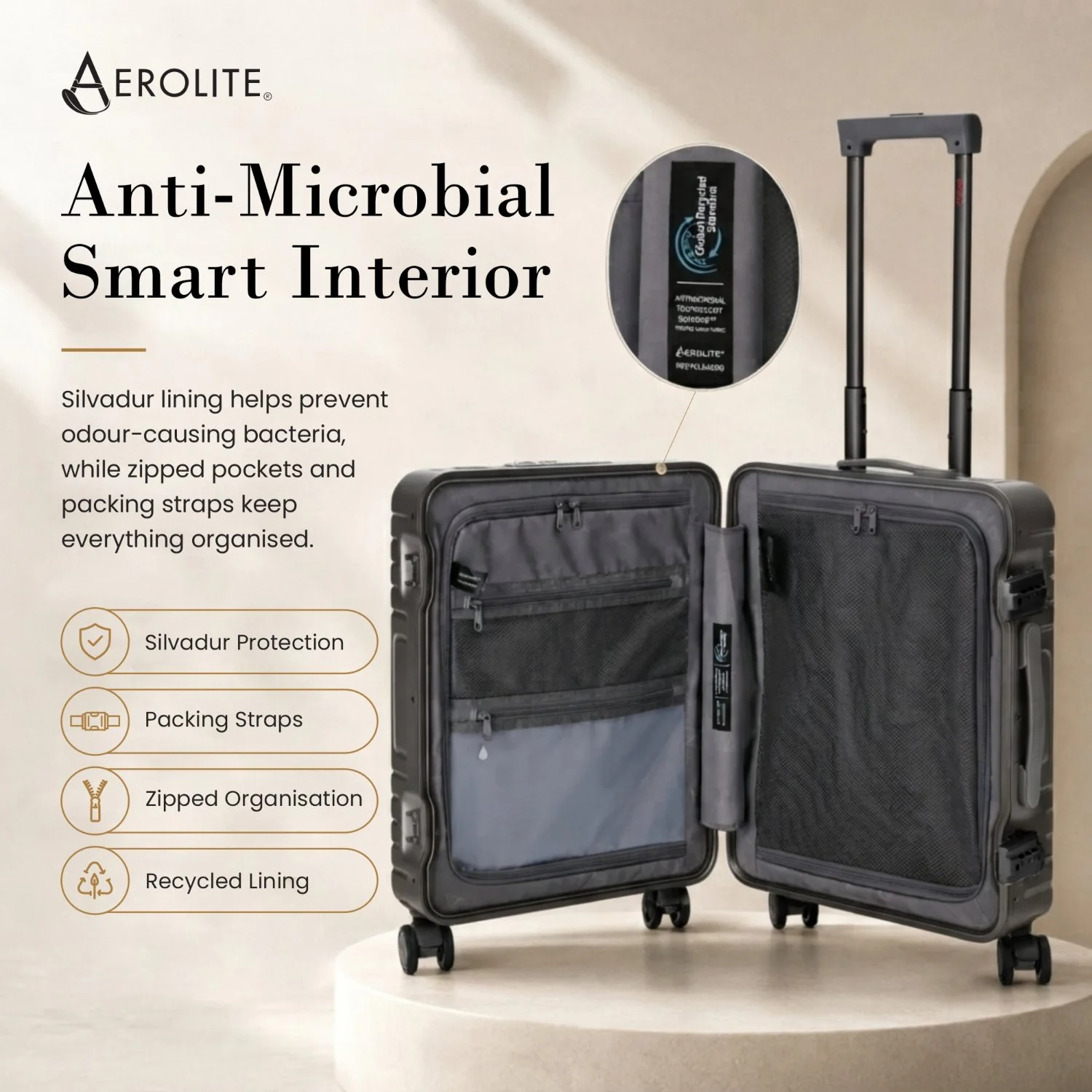 Aerolite M-Lite Aluminium Frame Cabin Suitcase 55x40x20cm, Hinomoto STOP Wheels, Zippeless TSA Latch Lock, Front Laptop Compartment, 15 Year Warranty - Charcoal - Image 7