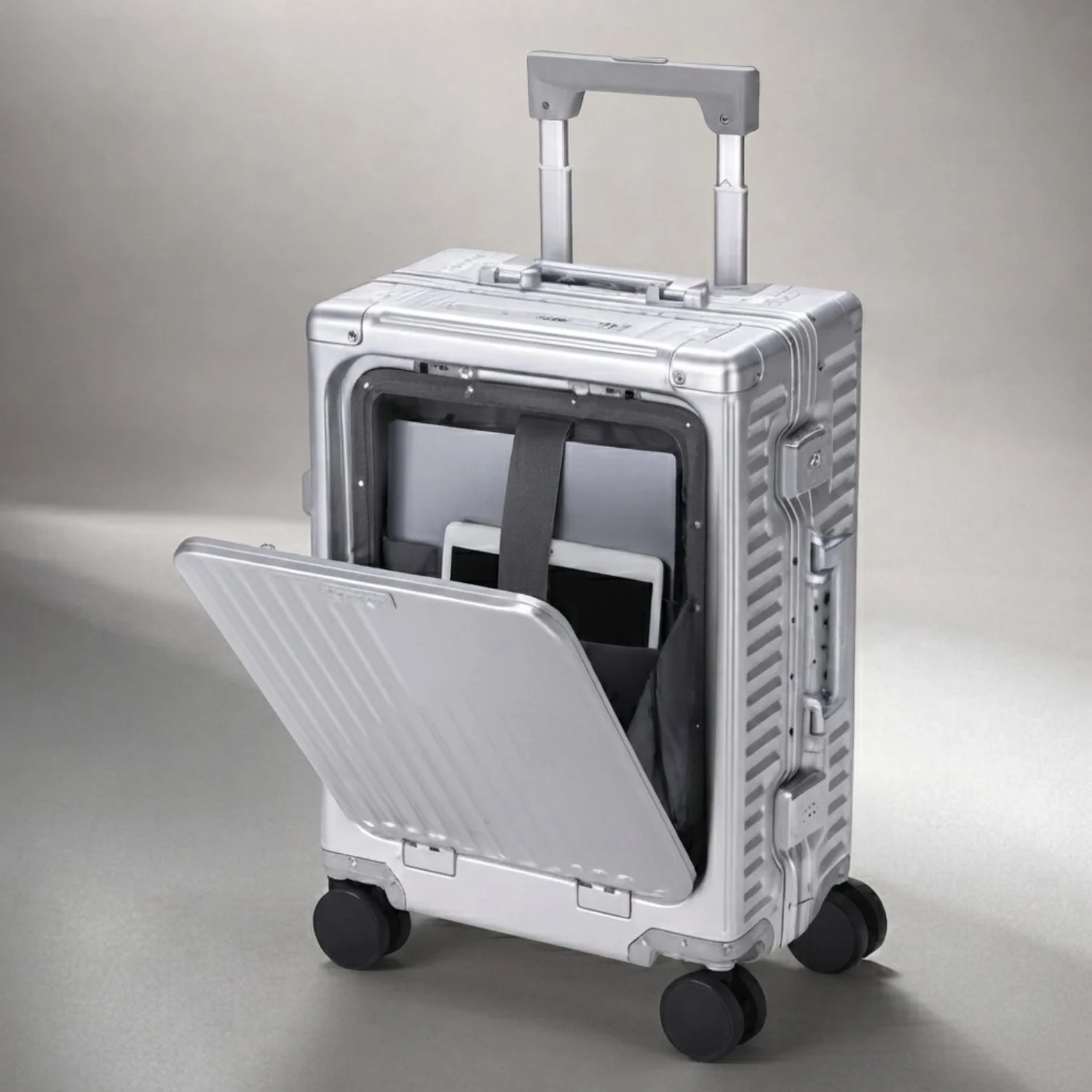 Aerolite M-Lite Premium Full Aluminium Cabin Suitcase with Front Laptop Compartment, Zipperless TSA Locks, USB Charging, Bottle Holder & 15-Year Warranty, Silver