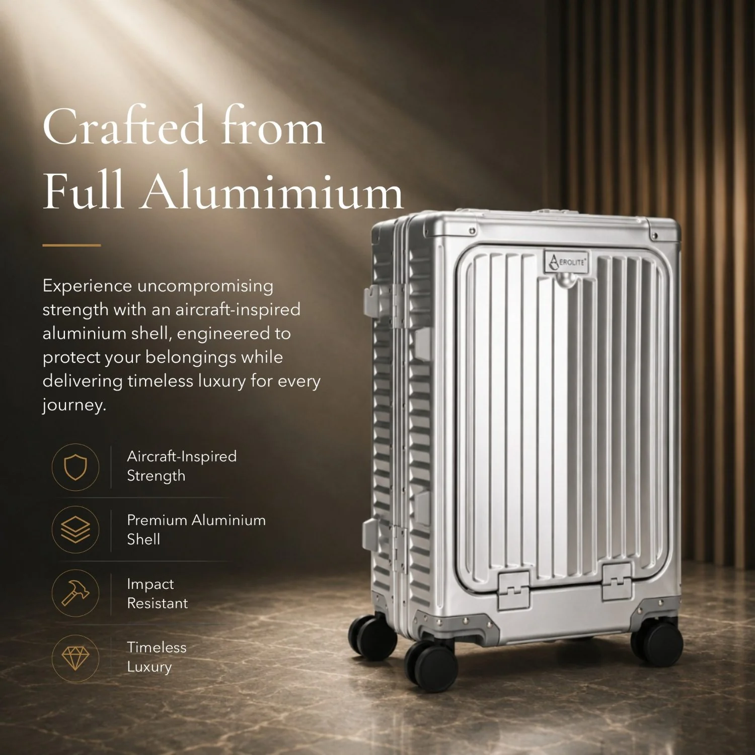 Aerolite M-Lite Premium Full Aluminium Cabin Suitcase with Front Laptop Compartment, Zipperless TSA Locks, USB Charging, Bottle Holder & 15-Year Warranty, Silver - Image 3