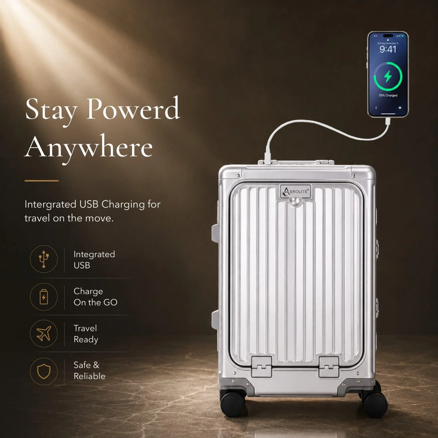 Aerolite M-Lite Premium Full Aluminium Cabin Suitcase with Front Laptop Compartment, Zipperless TSA Locks, USB Charging, Bottle Holder & 15-Year Warranty, Silver - Image 6