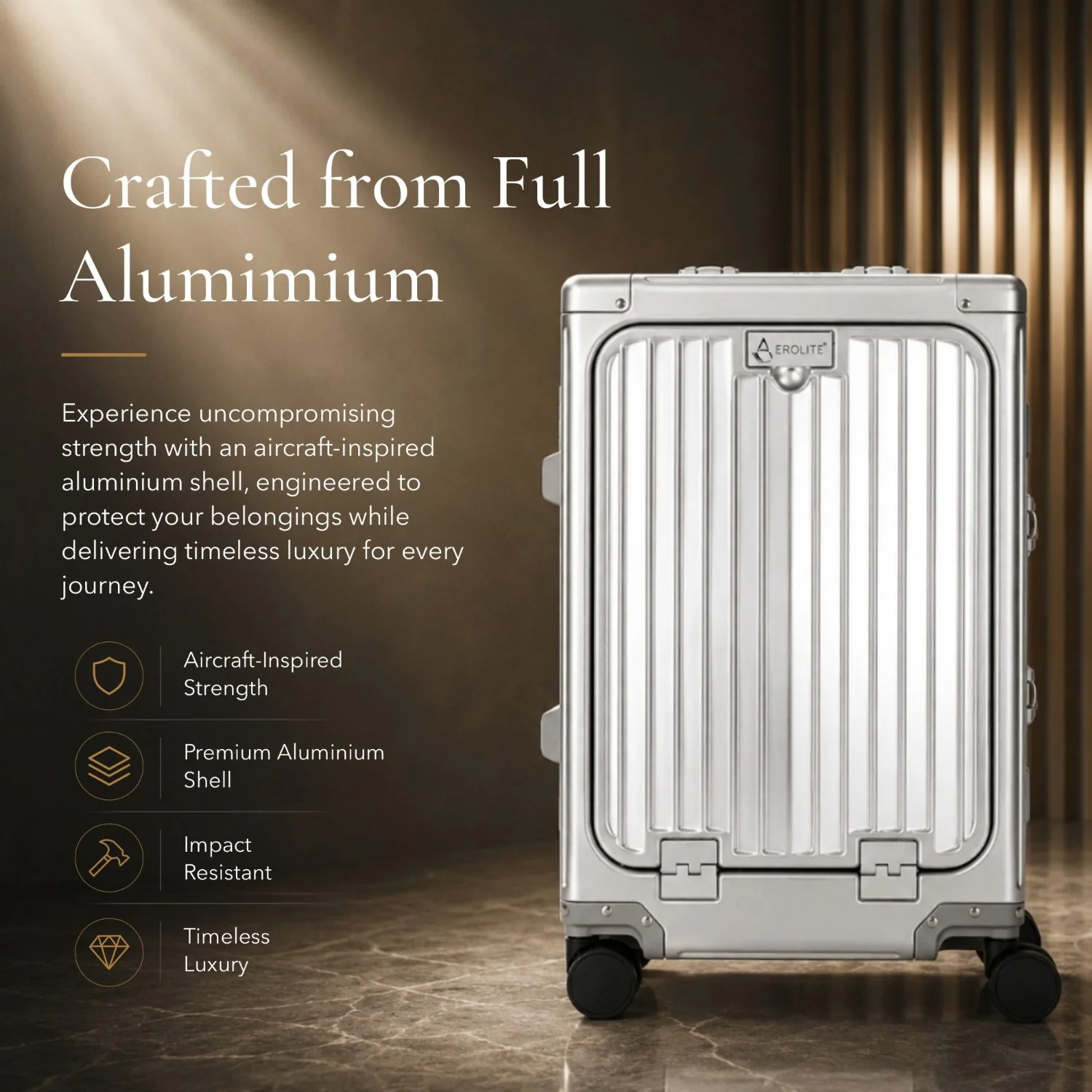 Aerolite M-Lite Premium Full Aluminium Cabin Suitcase with Front Laptop Compartment, Zipperless TSA Locks, USB Charging, Bottle Holder & 15-Year Warranty, Silver - Image 9