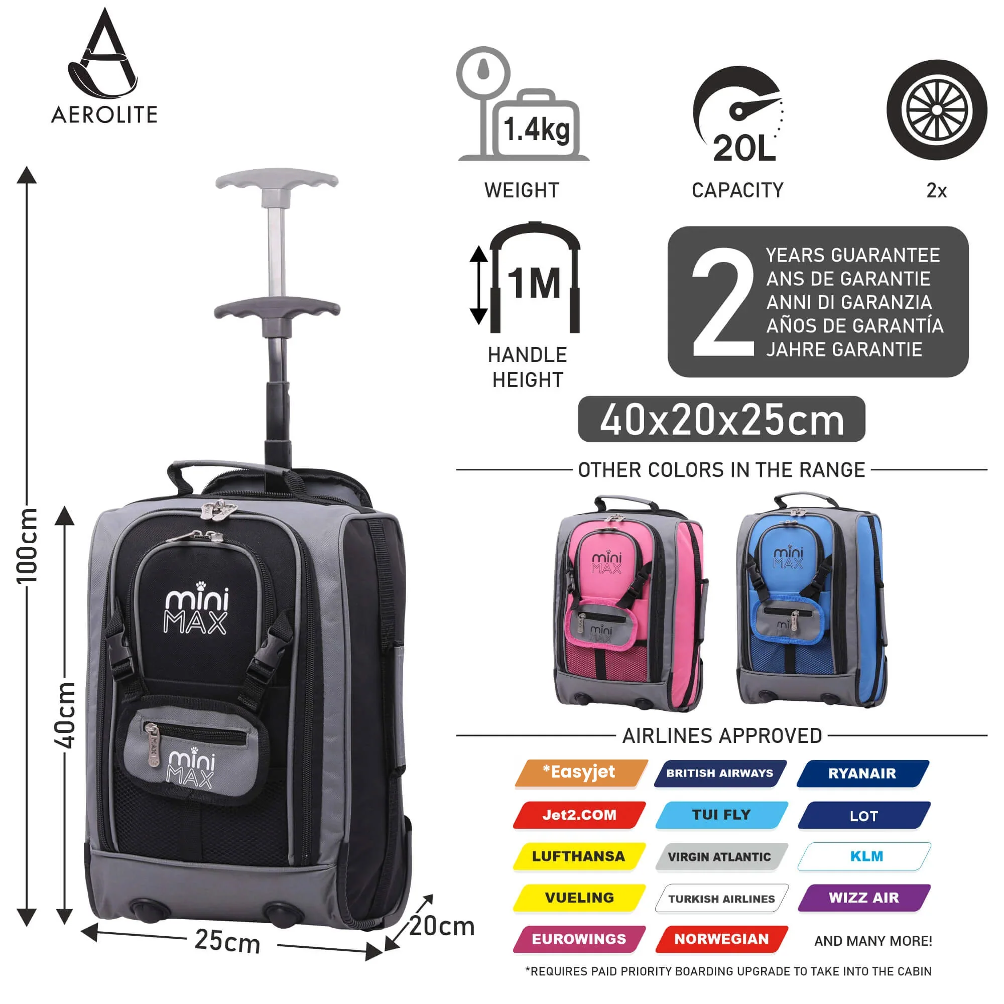 Aerolite MiniMax 40x20x25cm Cabin Hand Luggage Approved for Ryanair, 20L Under Seat Trolley Backpack With Wheels, 2 Year Warranty - Image 3