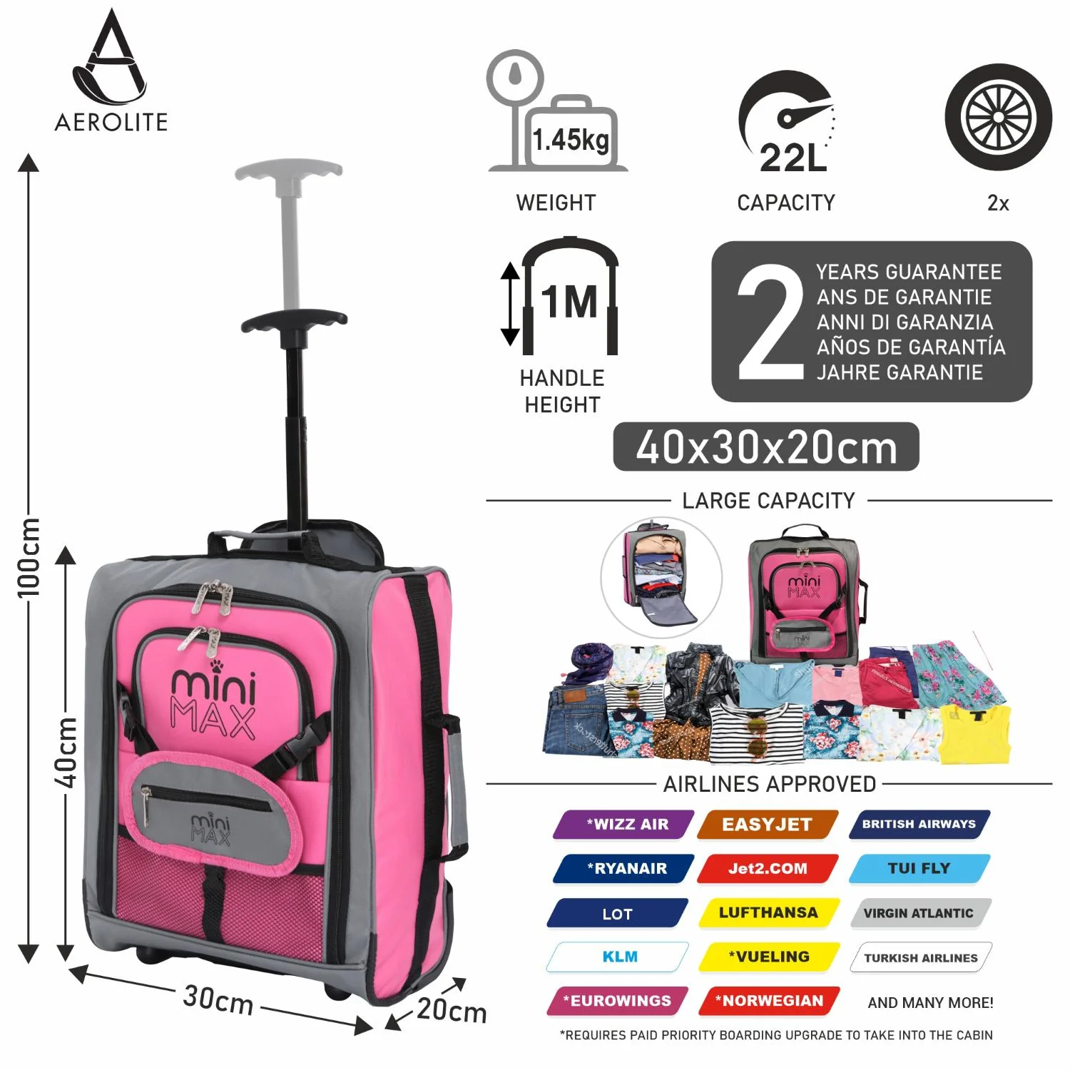 Aerolite MiniMAX New Ryanair 40x30x20 Maximum Size Cabin Underseat Trolley Backpack, also fits Wizz Air maximum size requirements, 2 Wheels - Image 10