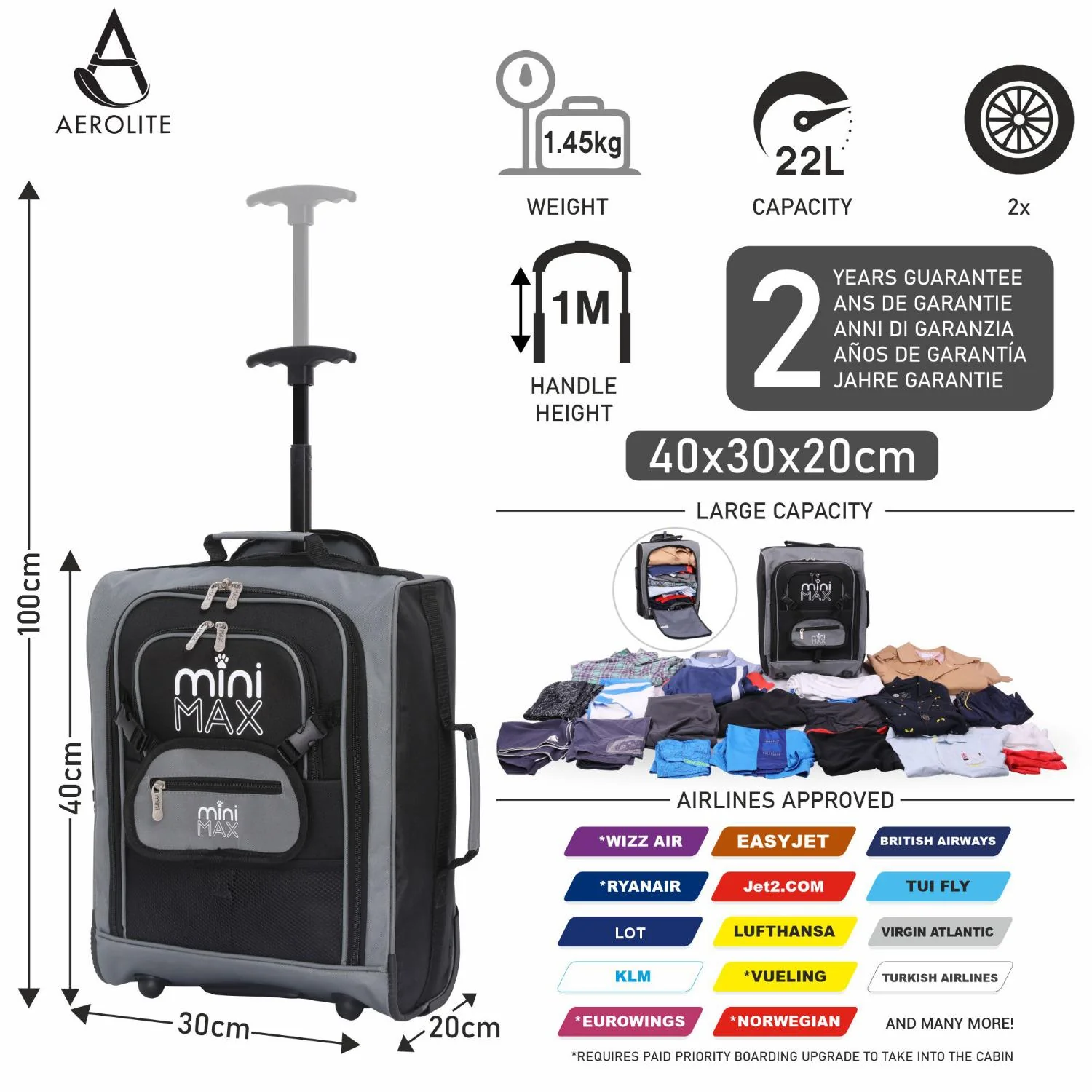 Aerolite MiniMAX New Ryanair 40x30x20 Maximum Size Cabin Underseat Trolley Backpack, also fits Wizz Air maximum size requirements, 2 Wheels - Image 18