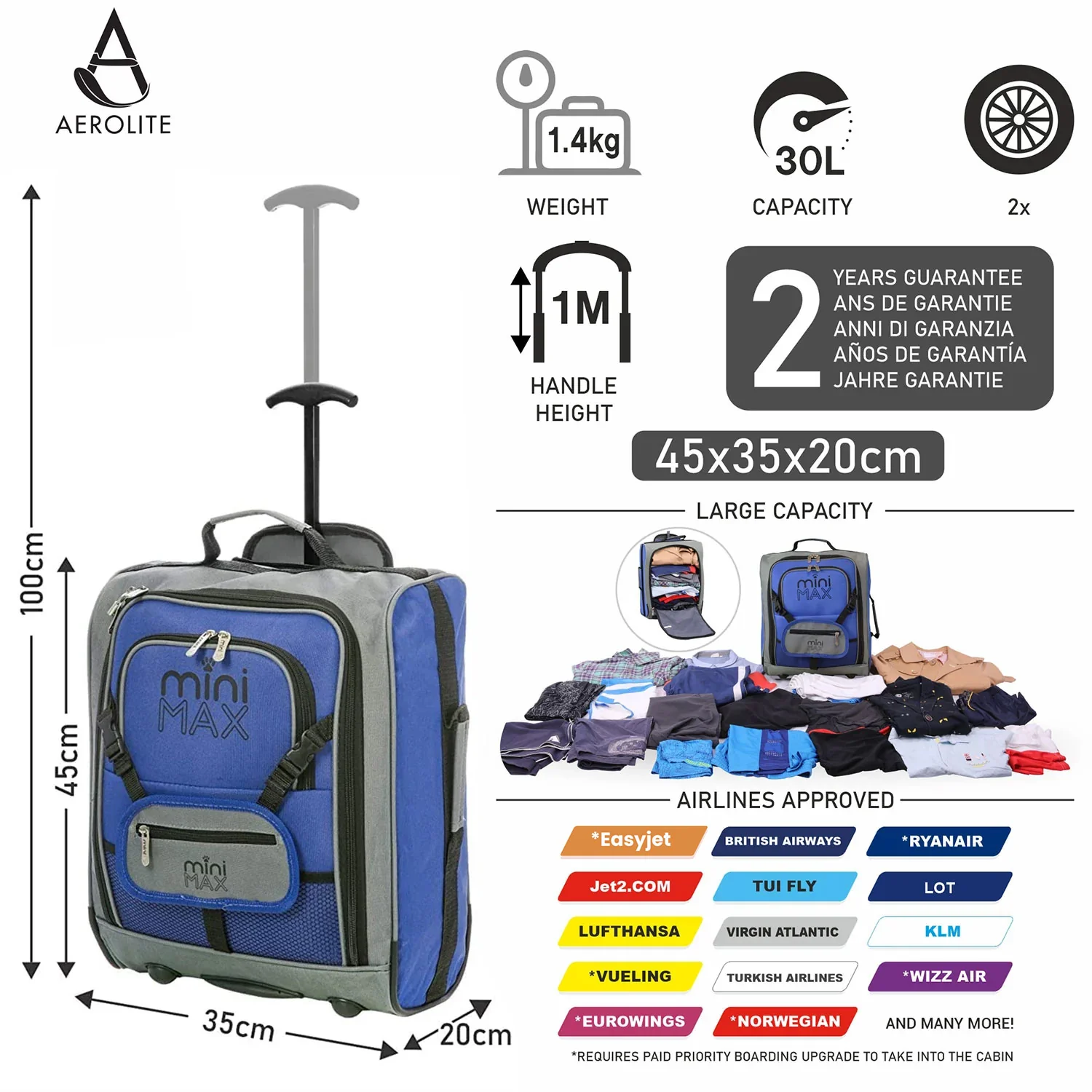 Aerolite MiniMAX (45x36x20cm) Easyjet Cabin Size Under Seat Carry On Suitcase with Backpack and Pouch, 2 Years Warranty - Image 11