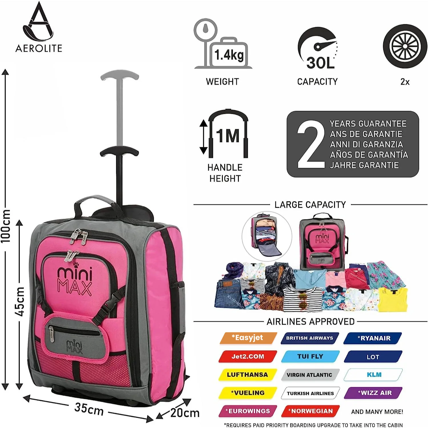 Aerolite MiniMAX (45x36x20cm) Easyjet Cabin Size Under Seat Carry On Suitcase with Backpack and Pouch, 2 Years Warranty - Image 20