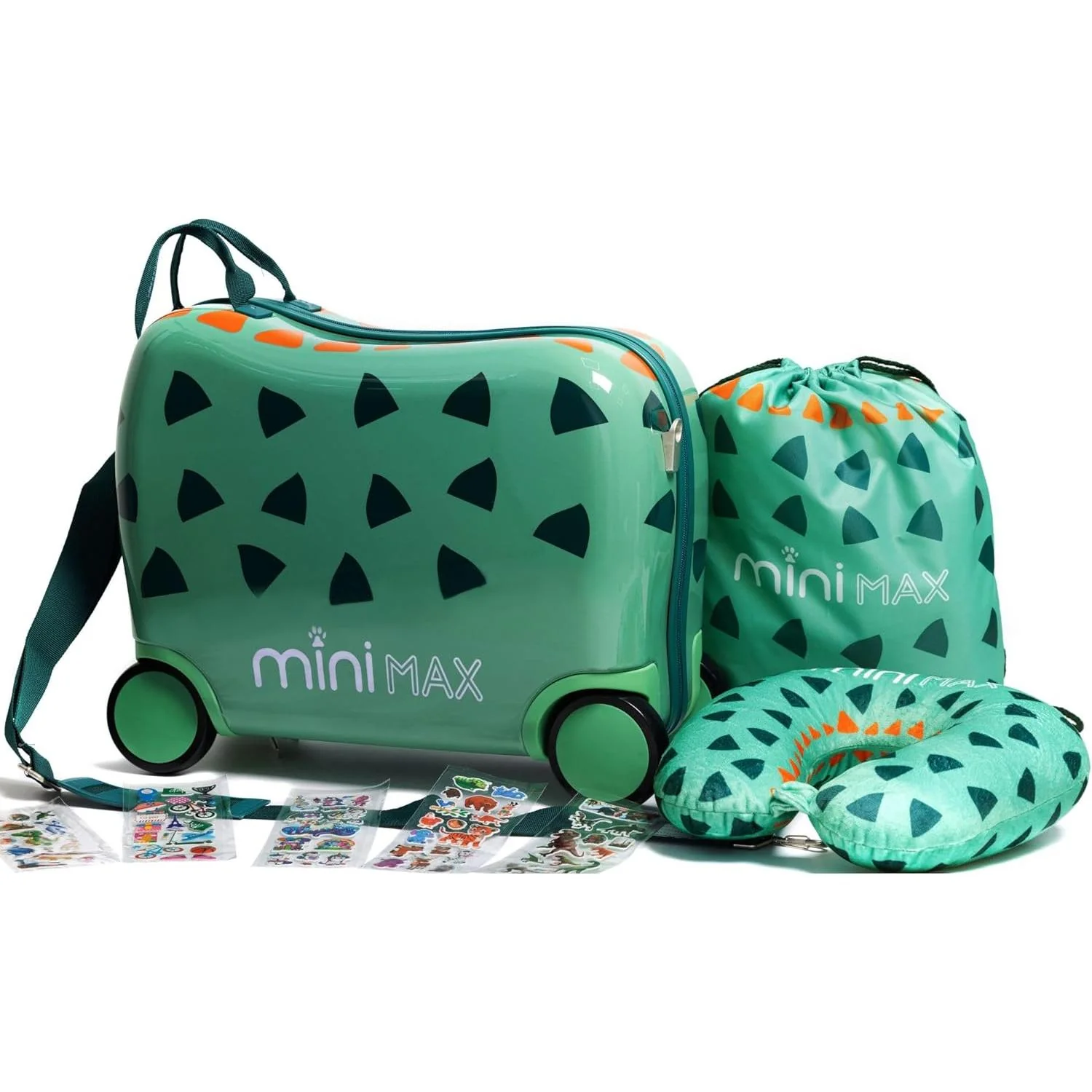 MiniMax 45x36x20cm 29L Kids Ride-On Suitcase 4PCS Set Inc Drawstring Bag, Neck Pillow & 50+ Personalisation Stickers, Easyjet Max Size Childrens Rolling Hand Cabin Luggage 45x36x20 Green Dinosaur - Image 13