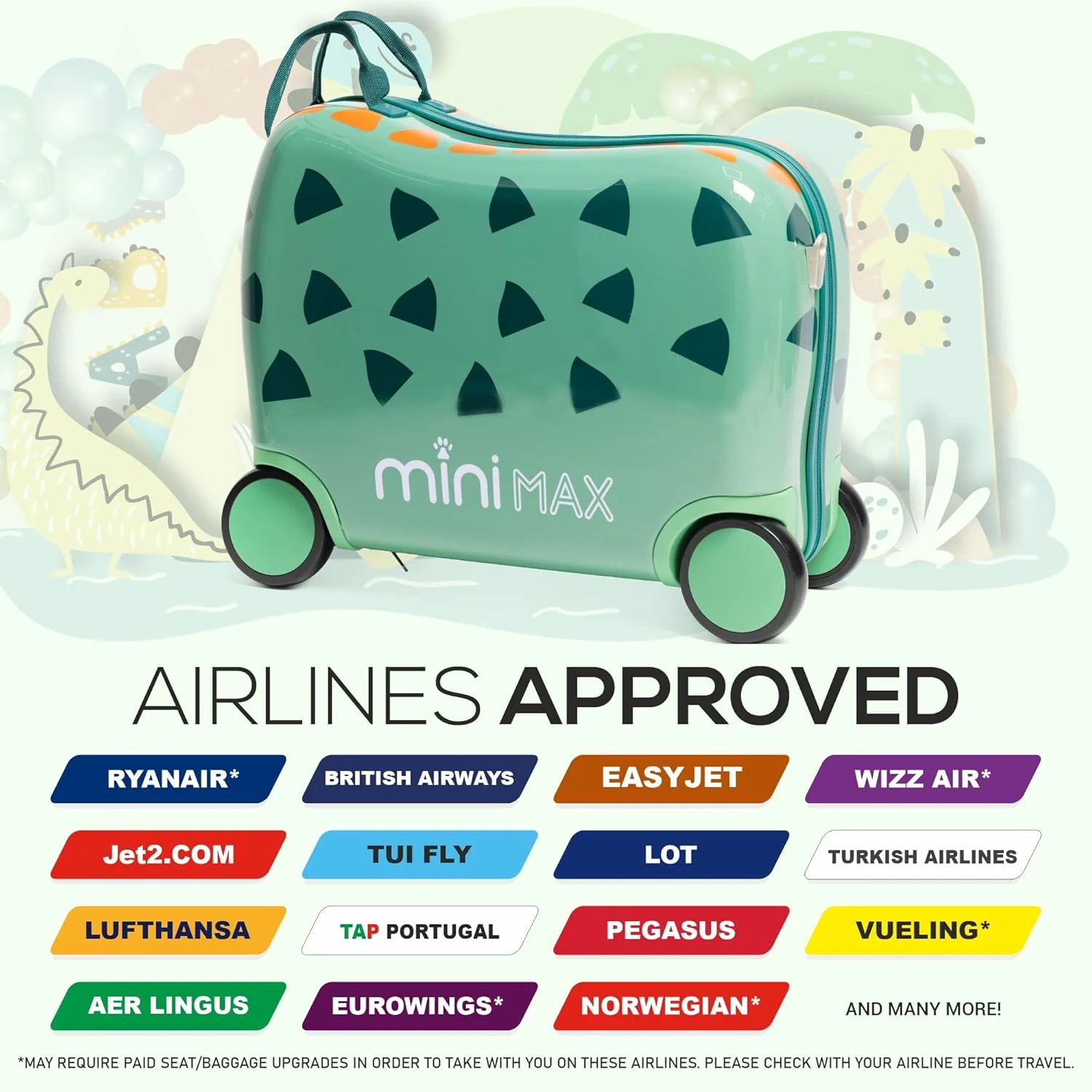 MiniMax 45x36x20cm 29L Kids Ride-On Suitcase 4PCS Set Inc Drawstring Bag, Neck Pillow & 50+ Personalisation Stickers, Easyjet Max Size Childrens Rolling Hand Cabin Luggage 45x36x20 Green Dinosaur - Image 3