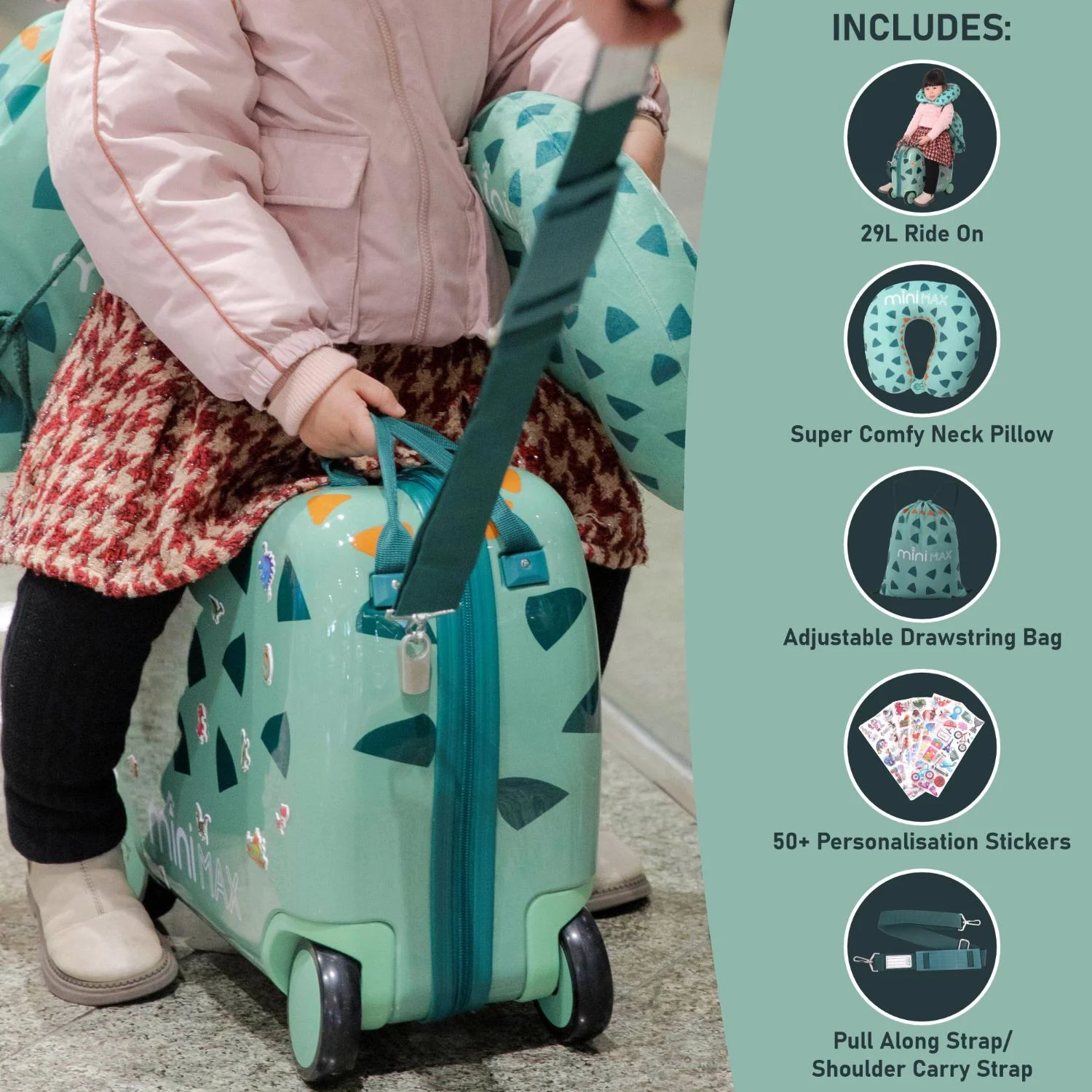 MiniMax 45x36x20cm 29L Kids Ride-On Suitcase 4PCS Set Inc Drawstring Bag, Neck Pillow & 50+ Personalisation Stickers, Easyjet Max Size Childrens Rolling Hand Cabin Luggage 45x36x20 Green Dinosaur - Image 4