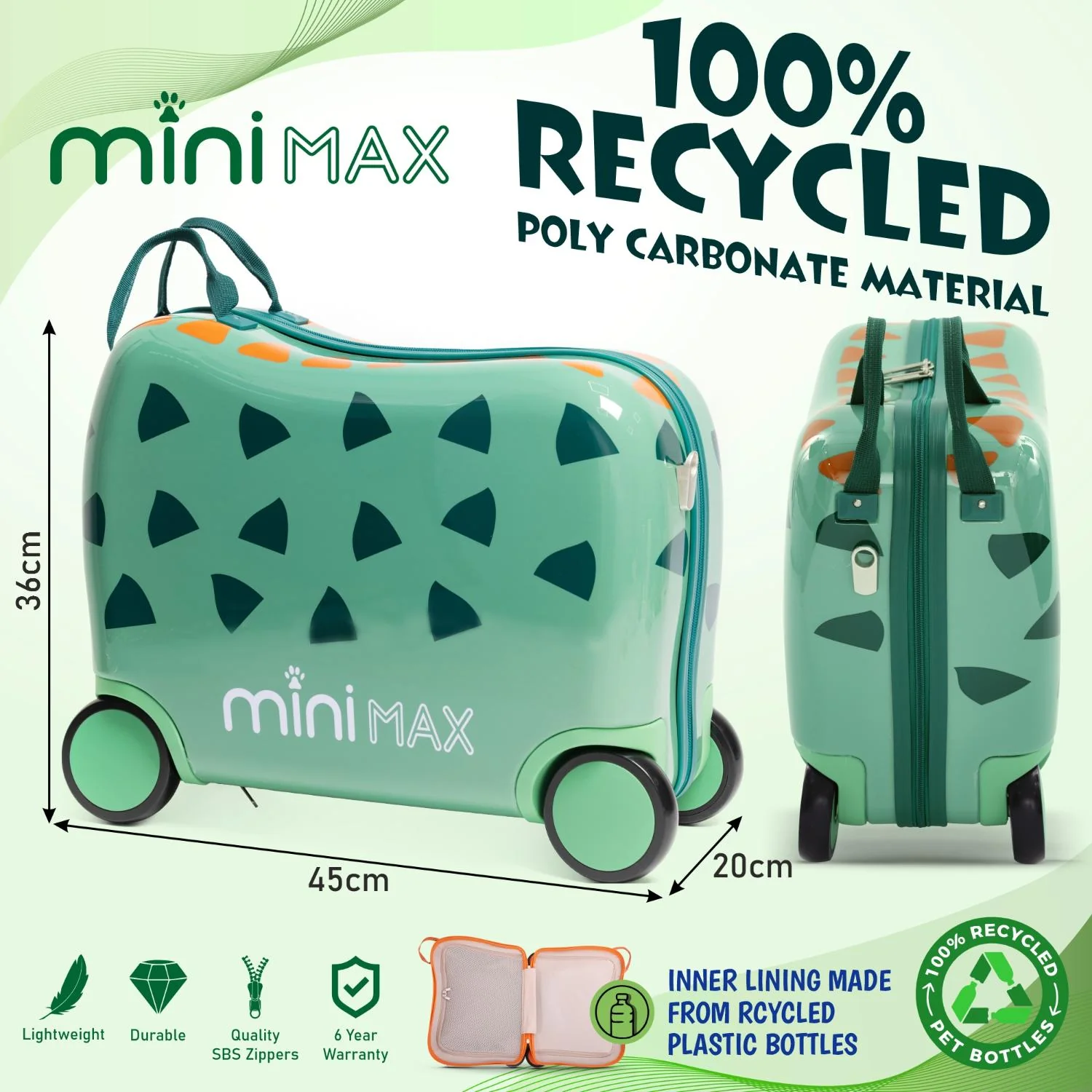 MiniMax 45x36x20cm 29L Kids Ride-On Suitcase 4PCS Set Inc Drawstring Bag, Neck Pillow & 50+ Personalisation Stickers, Easyjet Max Size Childrens Rolling Hand Cabin Luggage 45x36x20 Green Dinosaur - Image 5