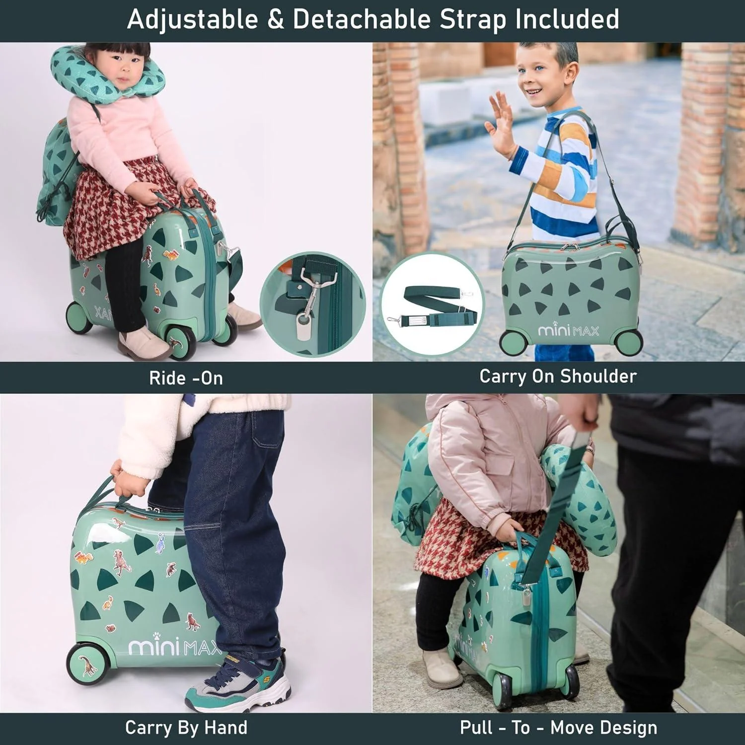 MiniMax 45x36x20cm 29L Kids Ride-On Suitcase 4PCS Set Inc Drawstring Bag, Neck Pillow & 50+ Personalisation Stickers, Easyjet Max Size Childrens Rolling Hand Cabin Luggage 45x36x20 Green Dinosaur - Image 6