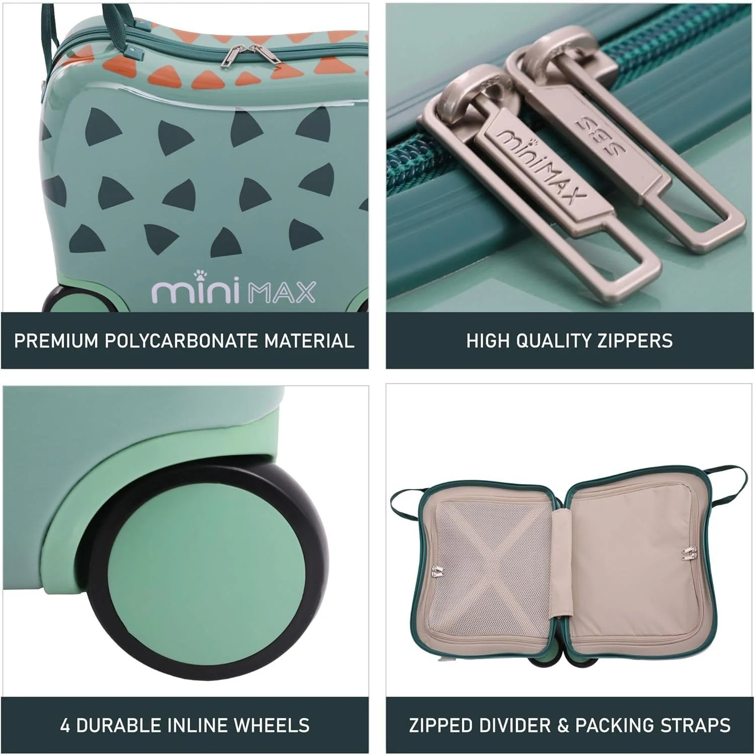 MiniMax 45x36x20cm 29L Kids Ride-On Suitcase 4PCS Set Inc Drawstring Bag, Neck Pillow & 50+ Personalisation Stickers, Easyjet Max Size Childrens Rolling Hand Cabin Luggage 45x36x20 Green Dinosaur - Image 9