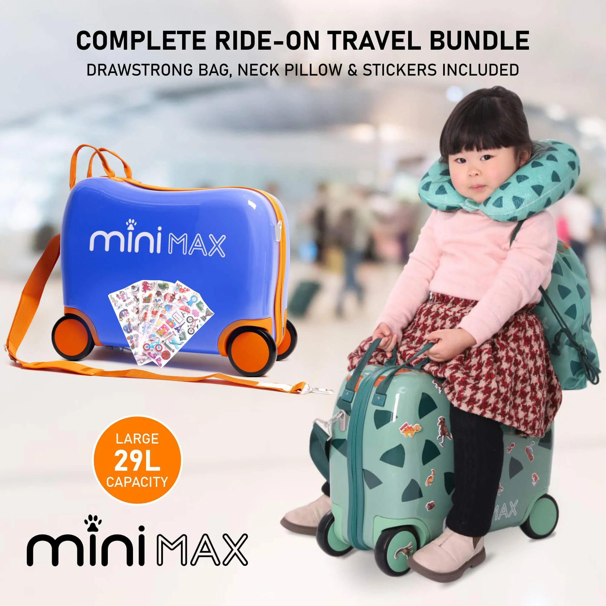MiniMax 45x36x20cm 29L Kids Ride-On Suitcase 4PCS Set Inc Drawstring Bag, Neck Pillow & 50+ Personalisation Stickers, Easyjet Max Size Childrens Rolling Hand Cabin Luggage 45x36x20 Green Dinosaur - Image 20