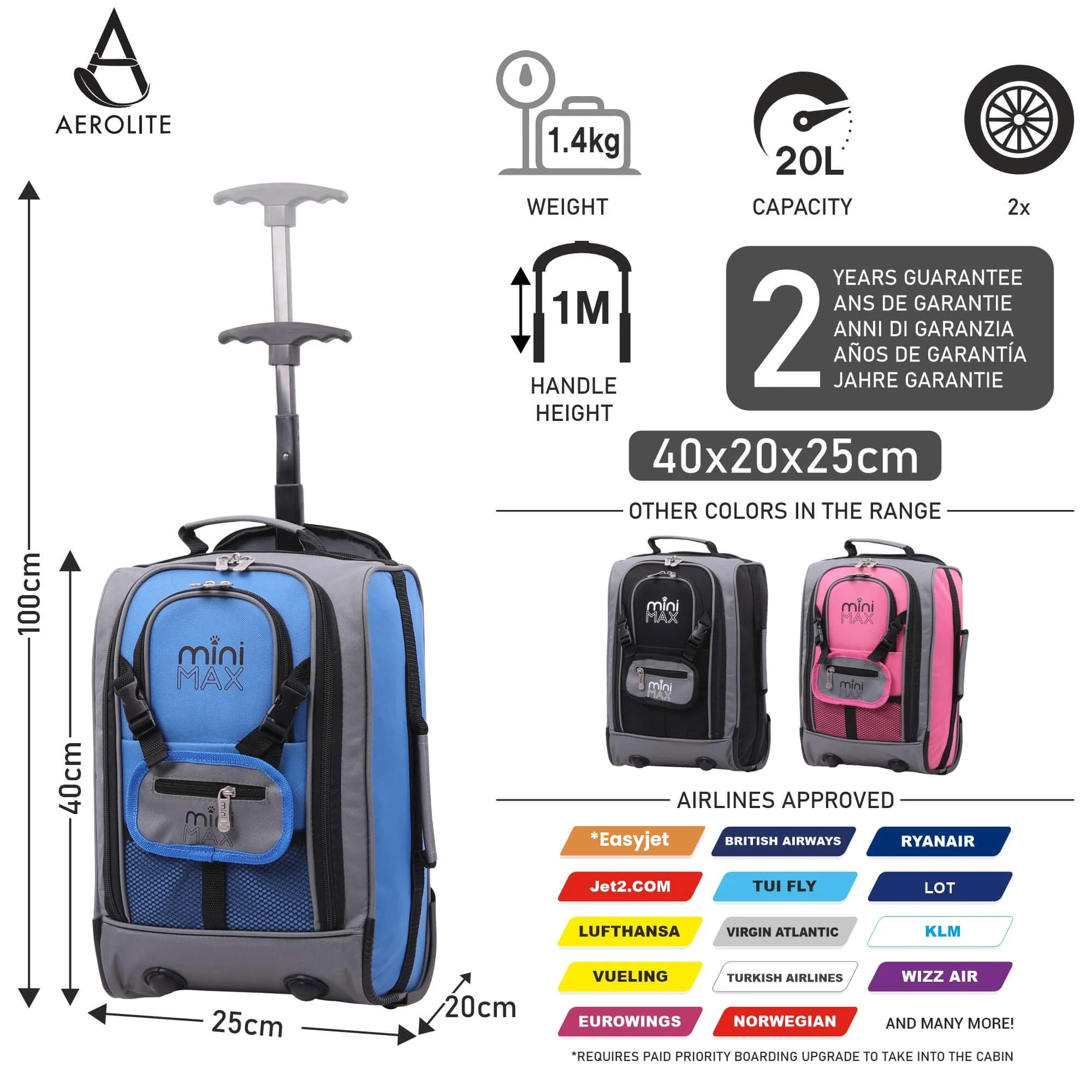 Aerolite MiniMAX New 2025 (40x20x25cm) Trolley Backpack Cabin Luggage, Maximum Allowance for Ryanair, 2 Year Warranty, 20L - Image 12