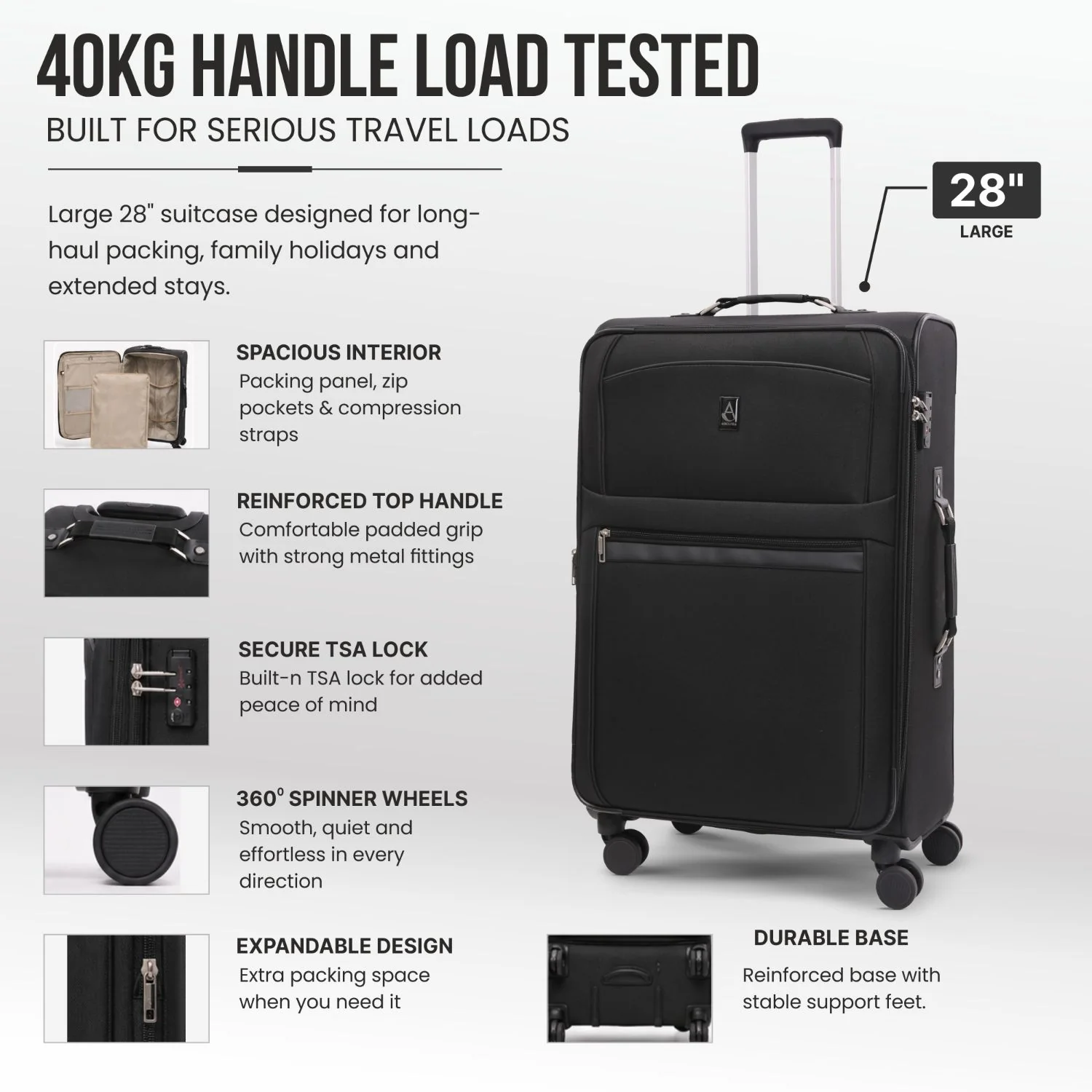 Aerolite Premium 28 Inch Expandable Large Suitcase 103L-120L Lightweight Soft Shell Checked Luggage with Reinforced Metal Frame, Japanese YKK Zips, TSA Lock & Silent Dual Spinner Wheels - Image 3