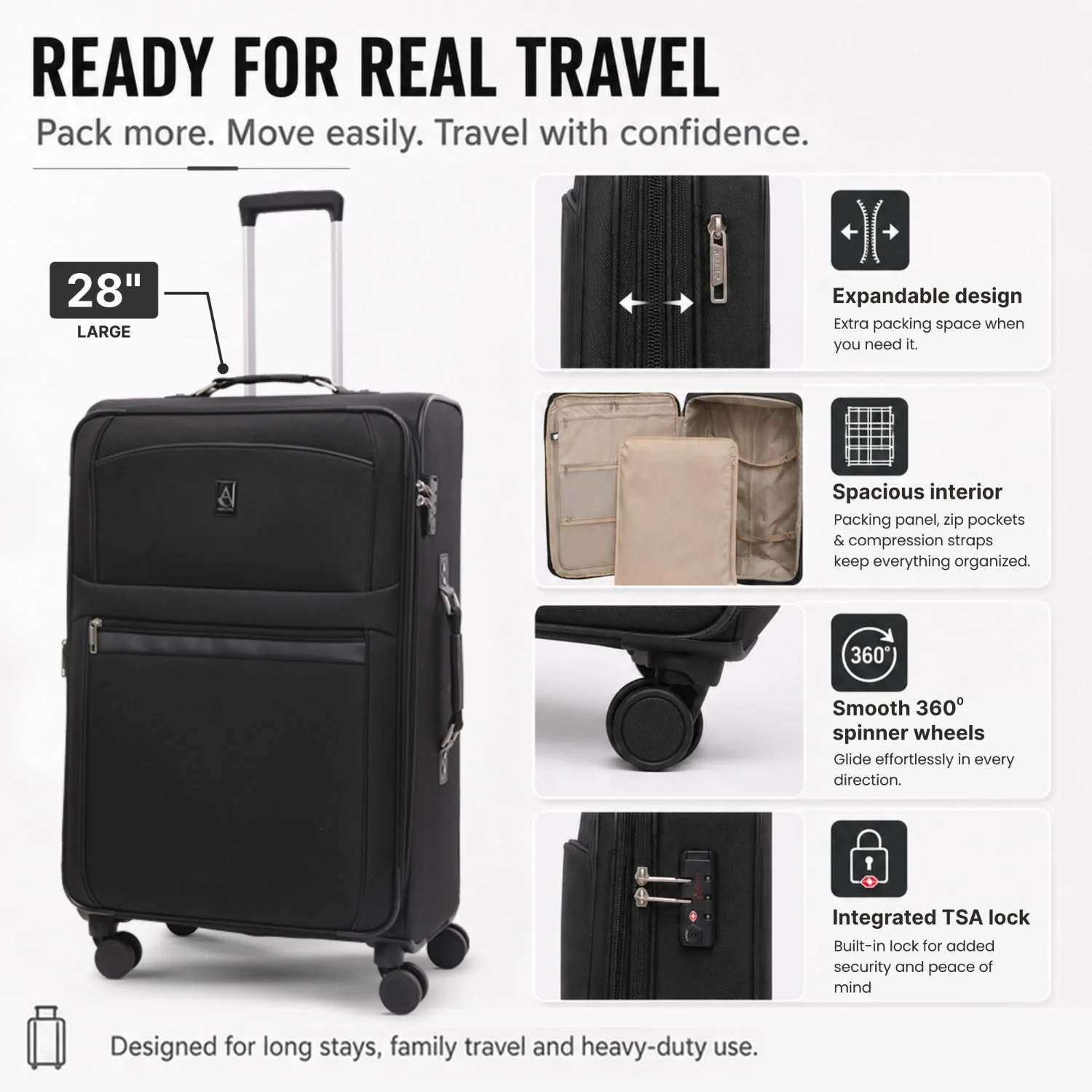 Aerolite Premium 28 Inch Expandable Large Suitcase 103L-120L Lightweight Soft Shell Checked Luggage with Reinforced Metal Frame, Japanese YKK Zips, TSA Lock & Silent Dual Spinner Wheels - Image 4