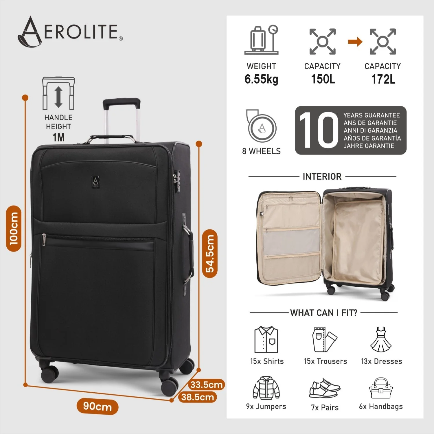 Aerolite Premium 3 Piece Expandable Travel Luggage Set – Cabin, 28” Large & 32” Extra Large Suitcases with TSA Lock & Spinner Wheels (Black) - Image 18