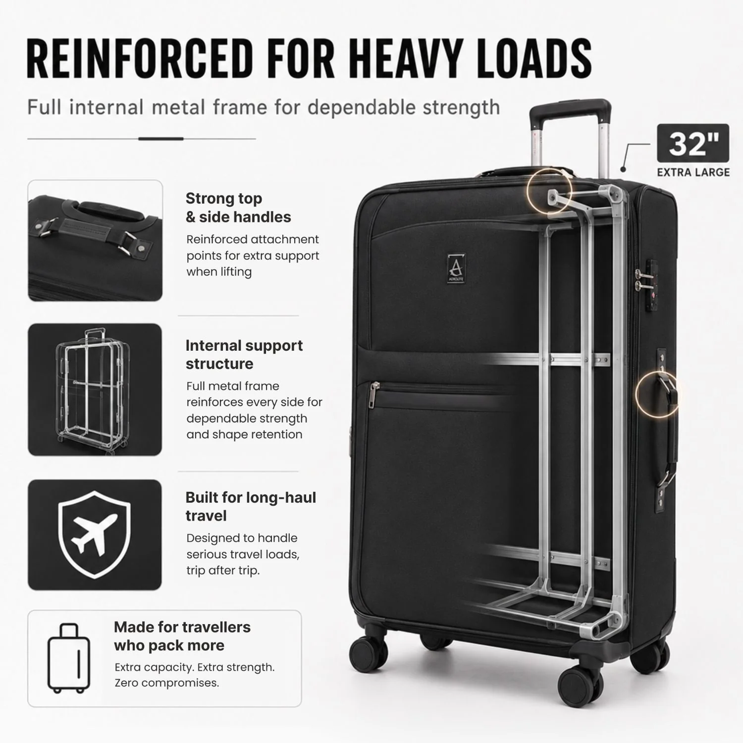 Aerolite Premium 3 Piece Expandable Travel Luggage Set – Cabin, 28” Large & 32” Extra Large Suitcases with TSA Lock & Spinner Wheels (Black) - Image 3