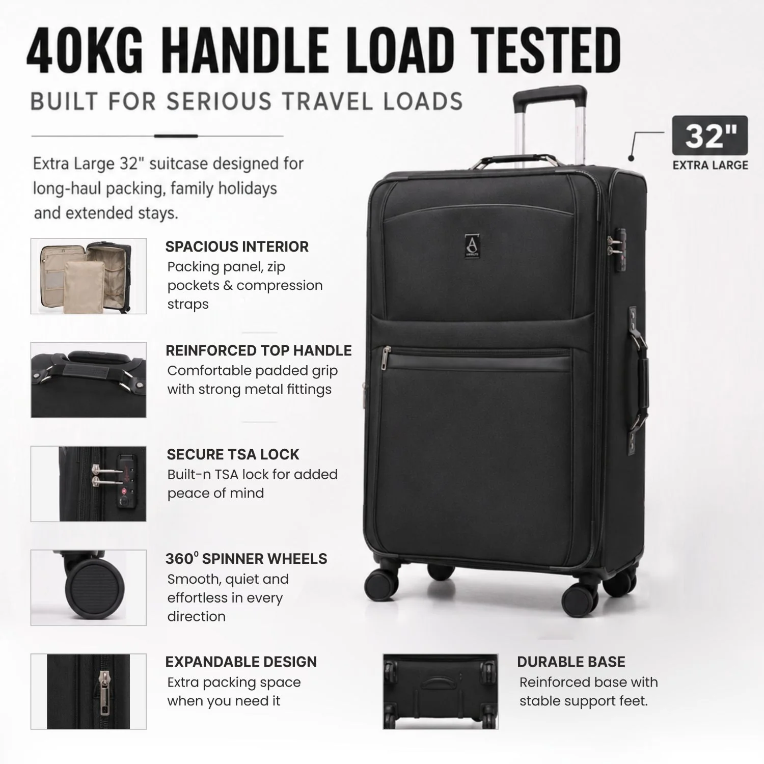 Aerolite Premium 3 Piece Expandable Travel Luggage Set – Cabin, 28” Large & 32” Extra Large Suitcases with TSA Lock & Spinner Wheels (Black) - Image 5