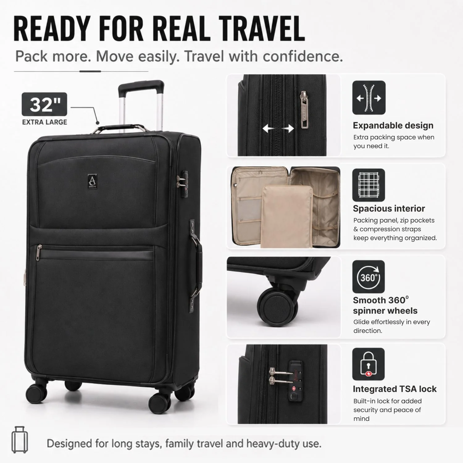 Aerolite Premium 3 Piece Expandable Travel Luggage Set – Cabin, 28” Large & 32” Extra Large Suitcases with TSA Lock & Spinner Wheels (Black) - Image 6