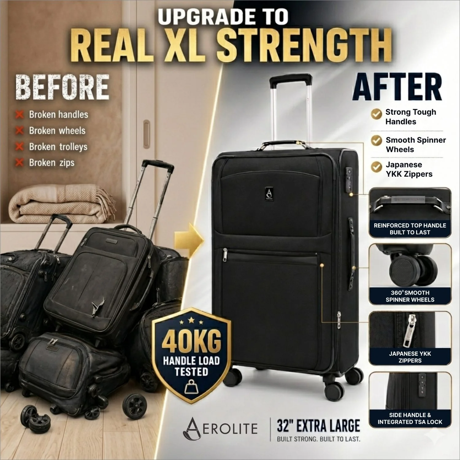 Aerolite Premium 3 Piece Expandable Travel Luggage Set – Cabin, 28” Large & 32” Extra Large Suitcases with TSA Lock & Spinner Wheels (Black) - Image 7