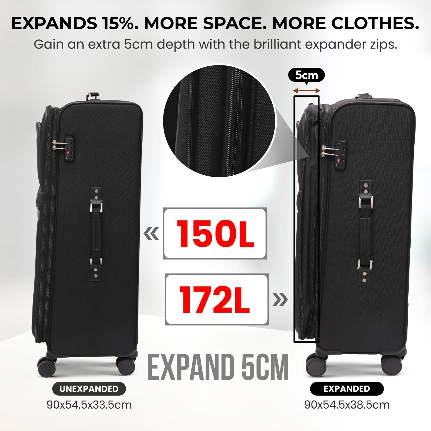 Aerolite Premium 32 Inch Extra Large Expandable Suitcase 150L-172L Lightweight Soft Shell Checked Luggage with Reinforced Metal Frame, Japanese YKK Zips, TSA Lock & Silent Dual Spinner Wheels - Image 12