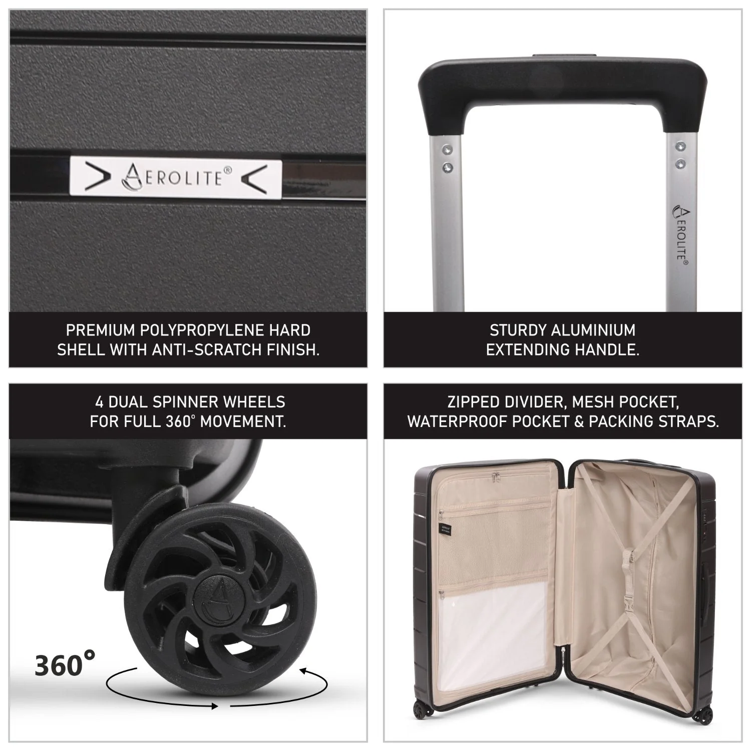 Aerolite Premium PP 2-Piece Luggage Set, Lightweight Polypropylene Hard Shell Suitcases with 4 Dual Spinner Wheels & TSA Lock, Expandable Cabin (21”), Large (28”), Expandable Carry-On Case Included – Black - Image 10