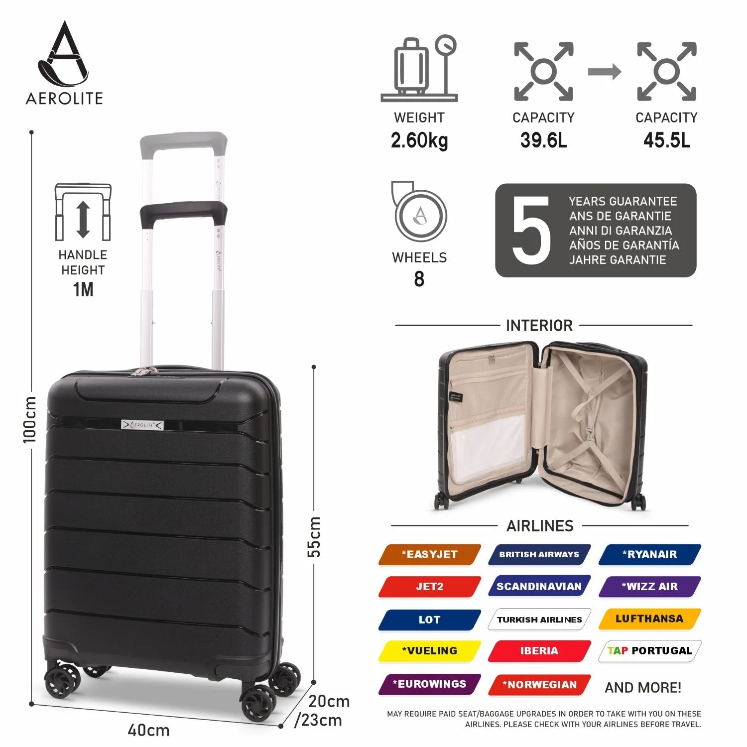 Aerolite Premium PP 2-Piece Luggage Set, Lightweight Polypropylene Hard Shell Suitcases with 4 Dual Spinner Wheels & TSA Lock, Expandable Cabin (21”), Large (28”), Expandable Carry-On Case Included – Black - Image 3