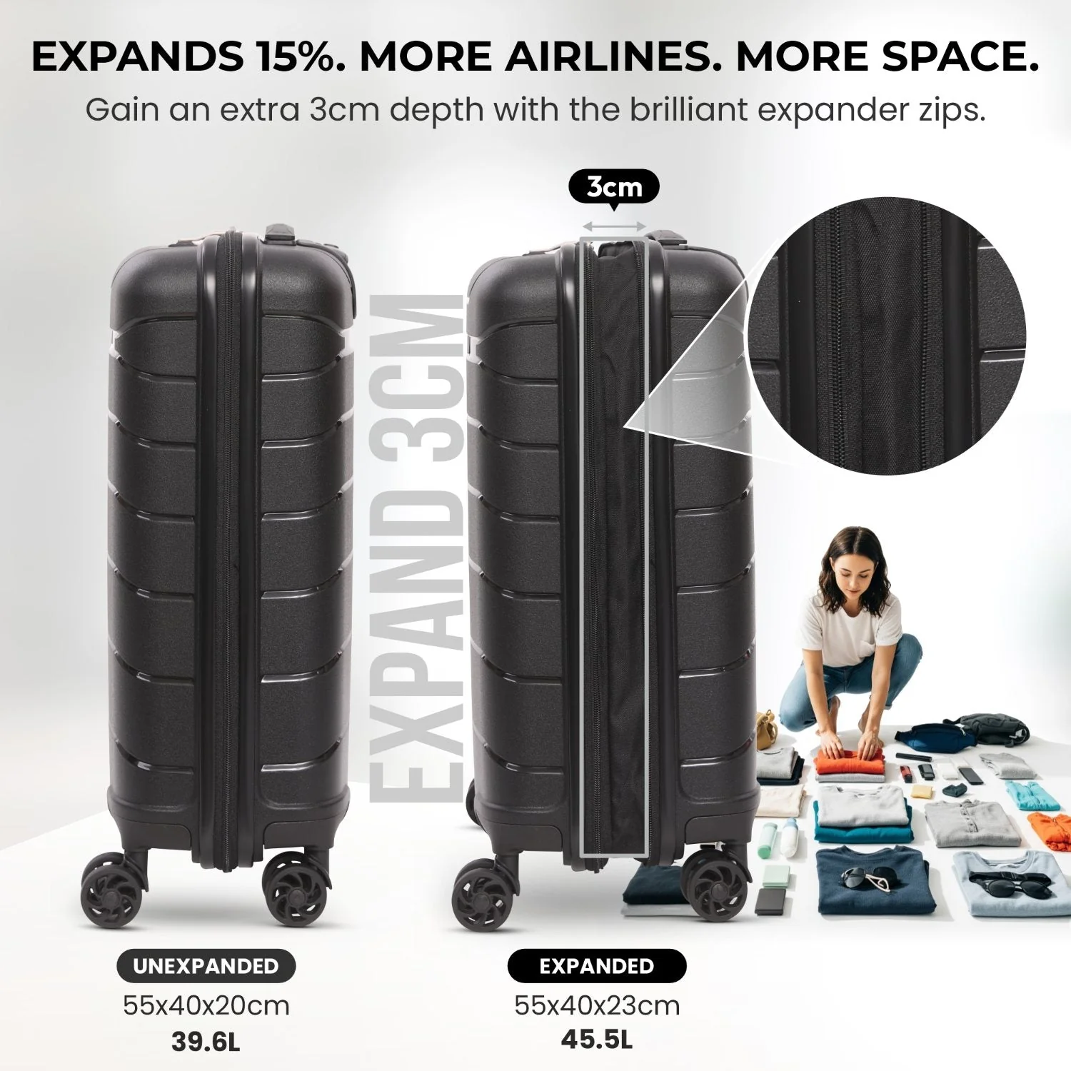 Aerolite Premium PP 2-Piece Luggage Set, Lightweight Polypropylene Hard Shell Suitcases with 4 Dual Spinner Wheels & TSA Lock, Expandable Cabin (21”), Large (28”), Expandable Carry-On Case Included – Black - Image 4