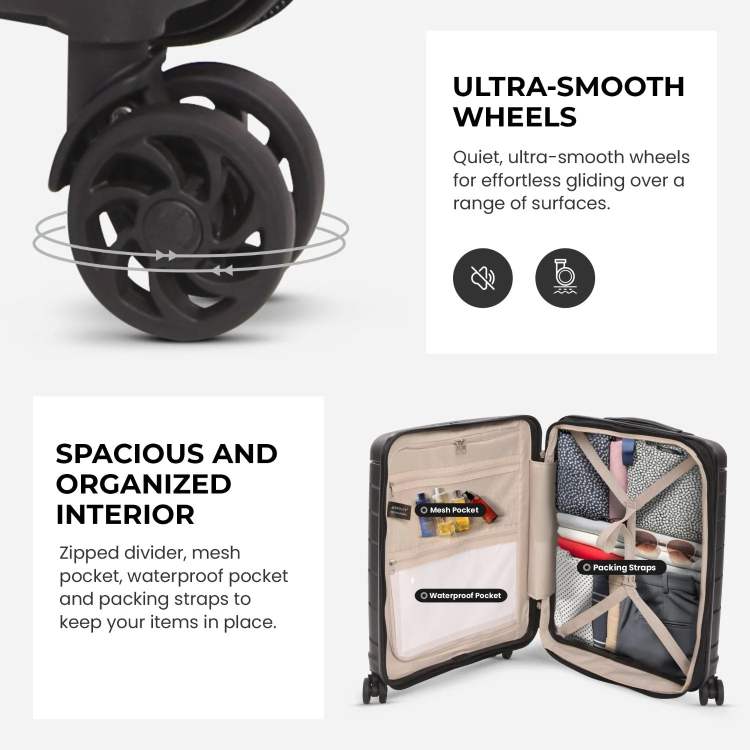 Aerolite Premium PP 2-Piece Luggage Set, Lightweight Polypropylene Hard Shell Suitcases with 4 Dual Spinner Wheels & TSA Lock, Expandable Cabin (21”), Large (28”), Expandable Carry-On Case Included – Black - Image 6