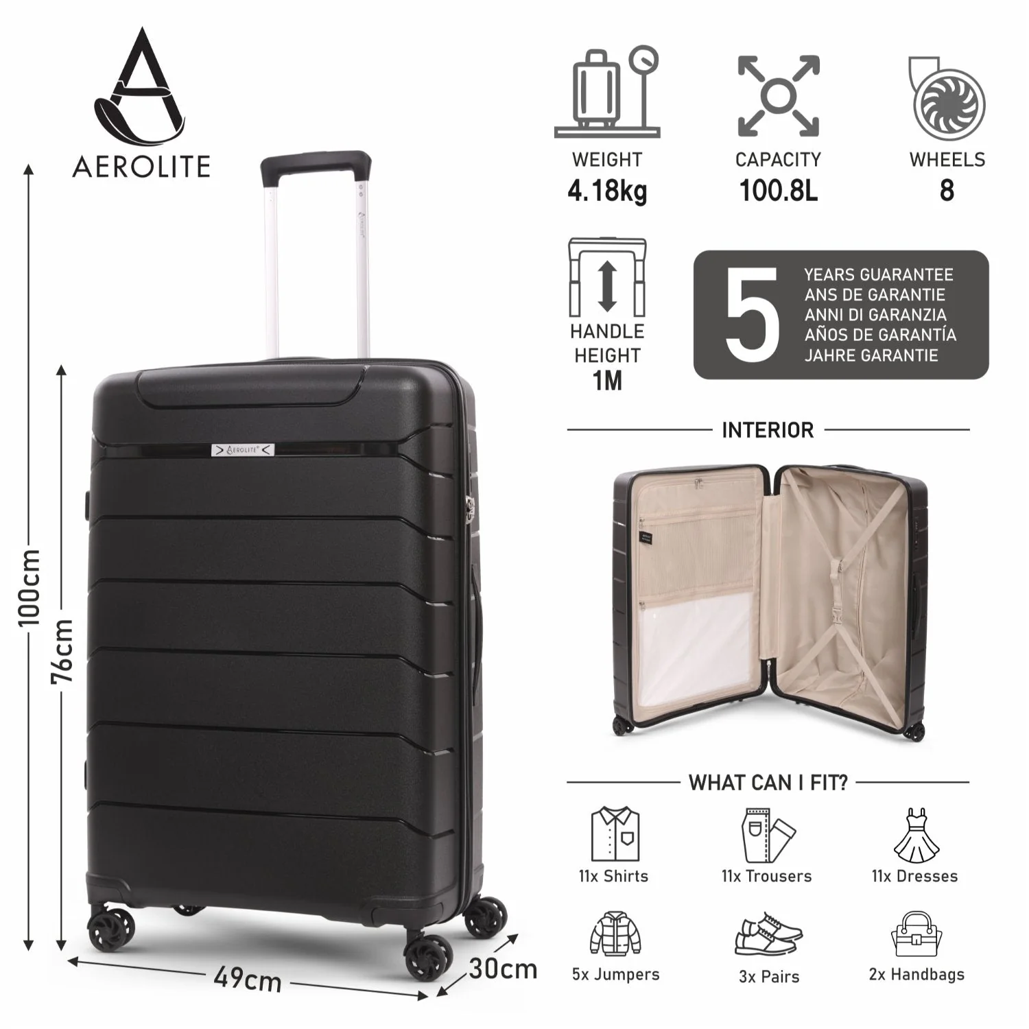 Aerolite Premium PP 2-Piece Luggage Set, Lightweight Polypropylene Hard Shell Suitcases with 4 Dual Spinner Wheels & TSA Lock, Expandable Cabin (21”), Large (28”), Expandable Carry-On Case Included – Black - Image 9