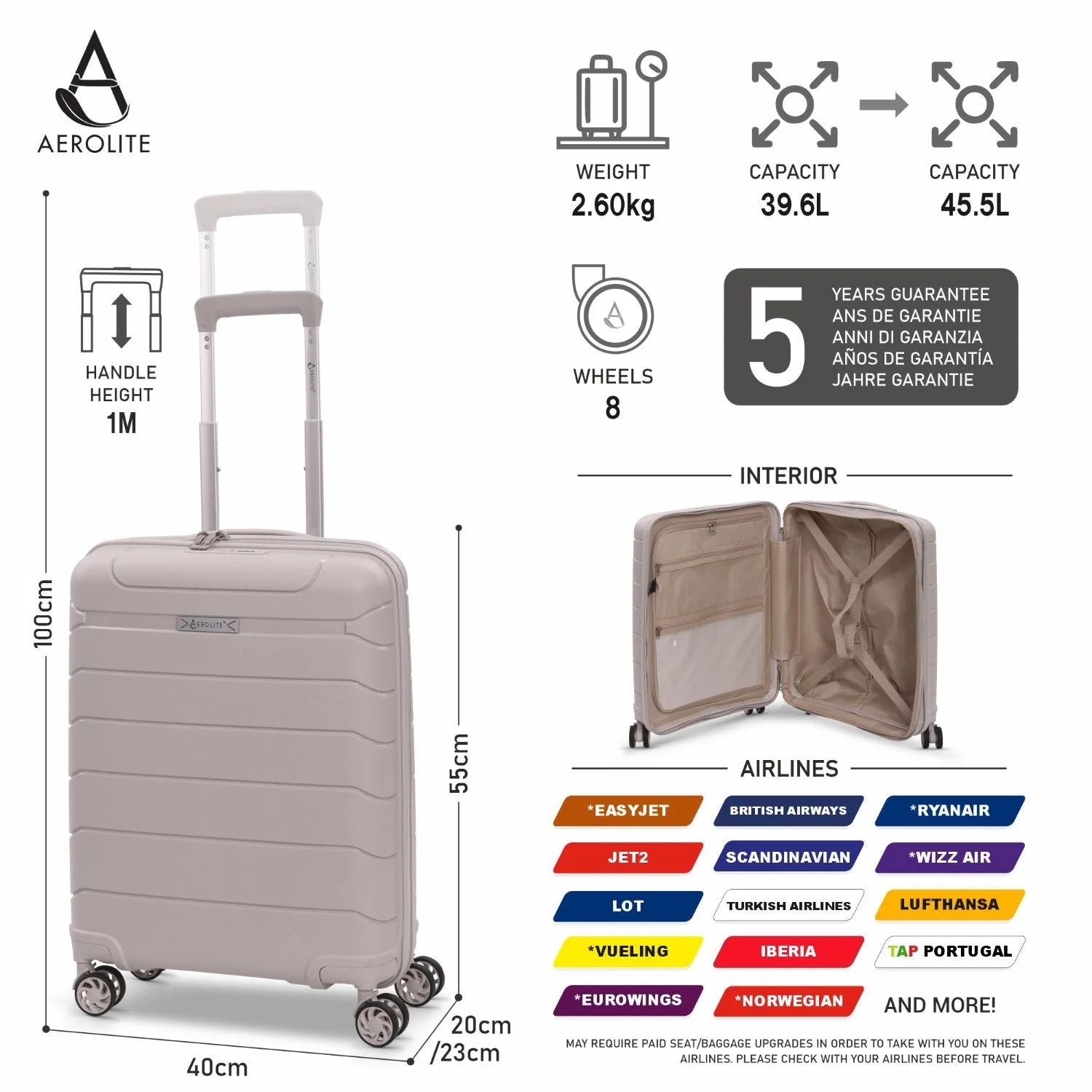 Aerolite Premium PP 2-Piece Luggage Set, Lightweight Polypropylene Hard Shell Suitcases with 4 Dual Spinner Wheels & TSA Lock, Expandable Cabin (21”), Large (28”) – Cream - Image 3