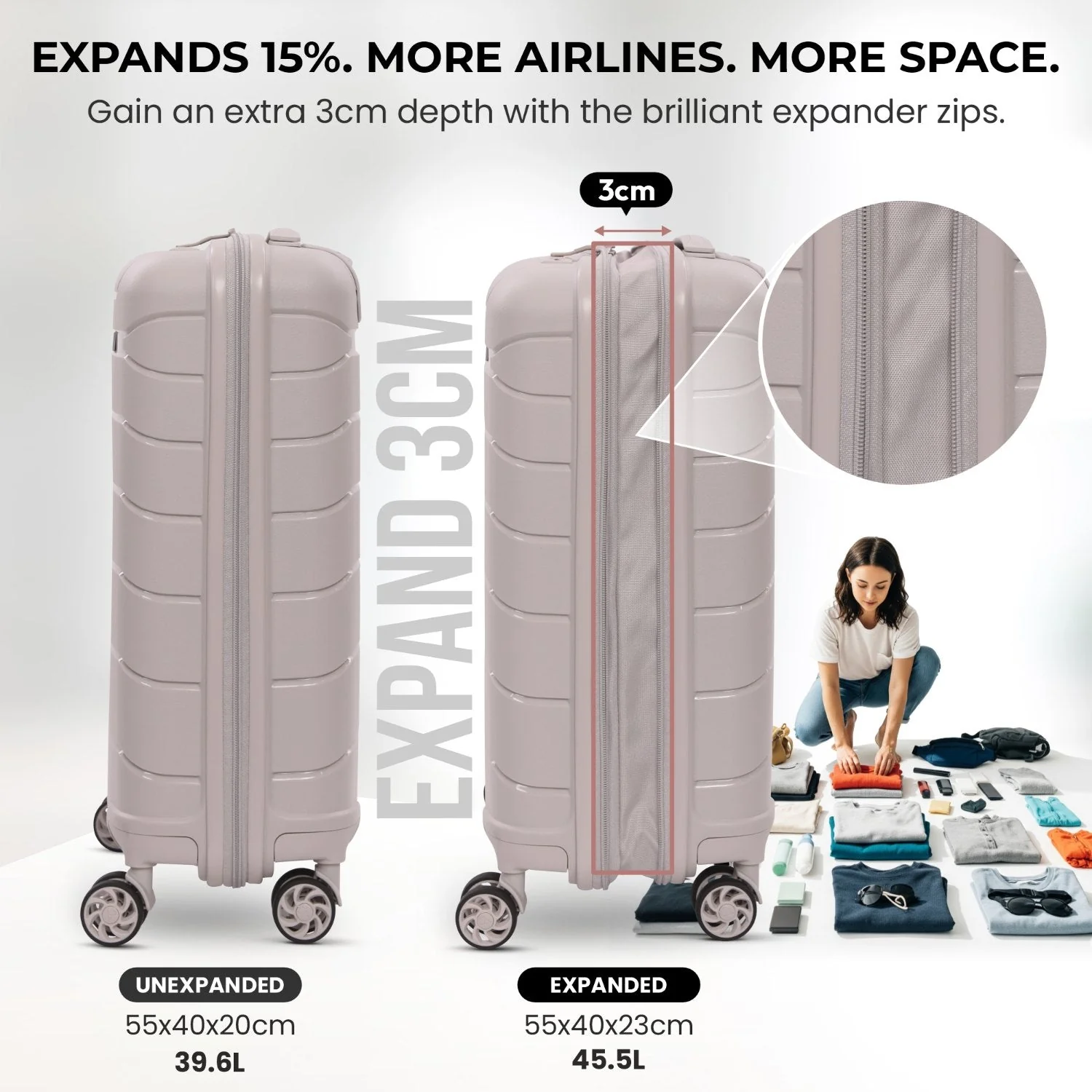 Aerolite Premium PP 2-Piece Luggage Set, Lightweight Polypropylene Hard Shell Suitcases with 4 Dual Spinner Wheels & TSA Lock, Expandable Cabin (21”), Large (28”) – Cream - Image 4