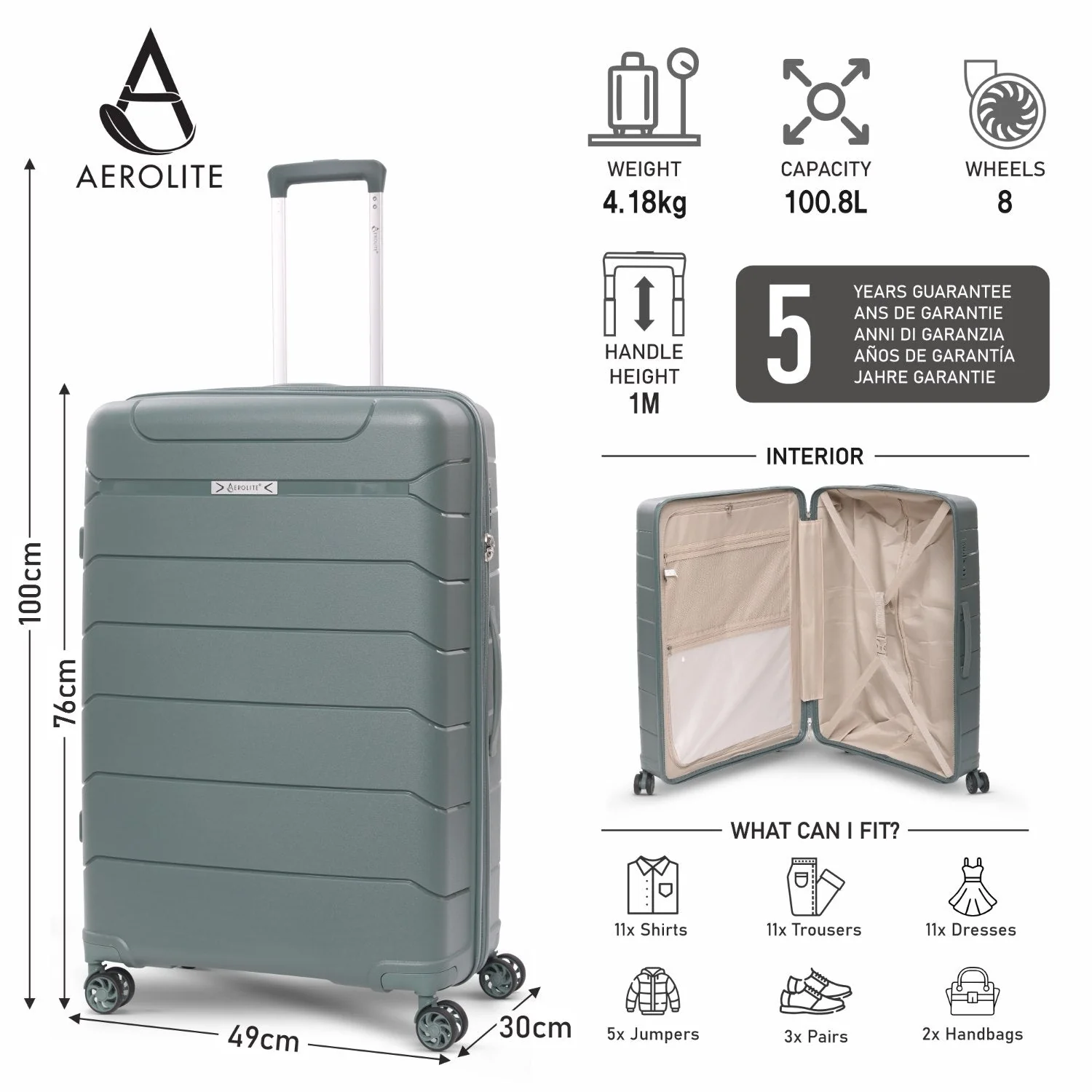 Aerolite Premium PP 2-Piece Luggage Set, Lightweight Polypropylene Hard Shell Suitcases with 4 Dual Spinner Wheels & TSA Lock, Expandable Cabin (21”), Large (28”), Expandable Carry-On Case Included – Dark Green - Image 10