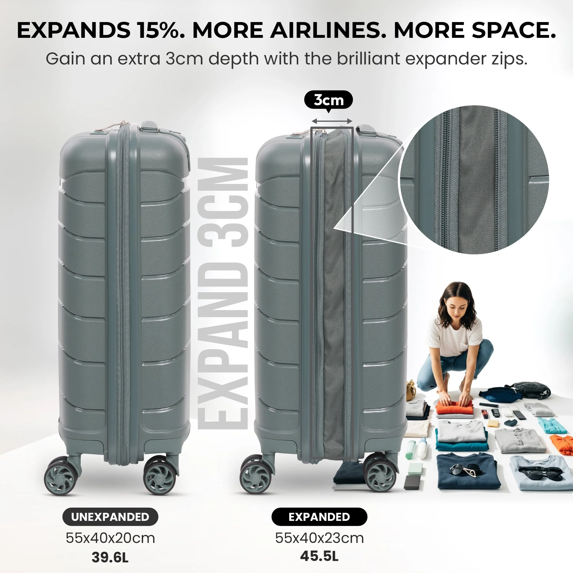Aerolite Premium PP 2-Piece Luggage Set, Lightweight Polypropylene Hard Shell Suitcases with 4 Dual Spinner Wheels & TSA Lock, Expandable Cabin (21”), Large (28”), Expandable Carry-On Case Included – Dark Green - Image 4