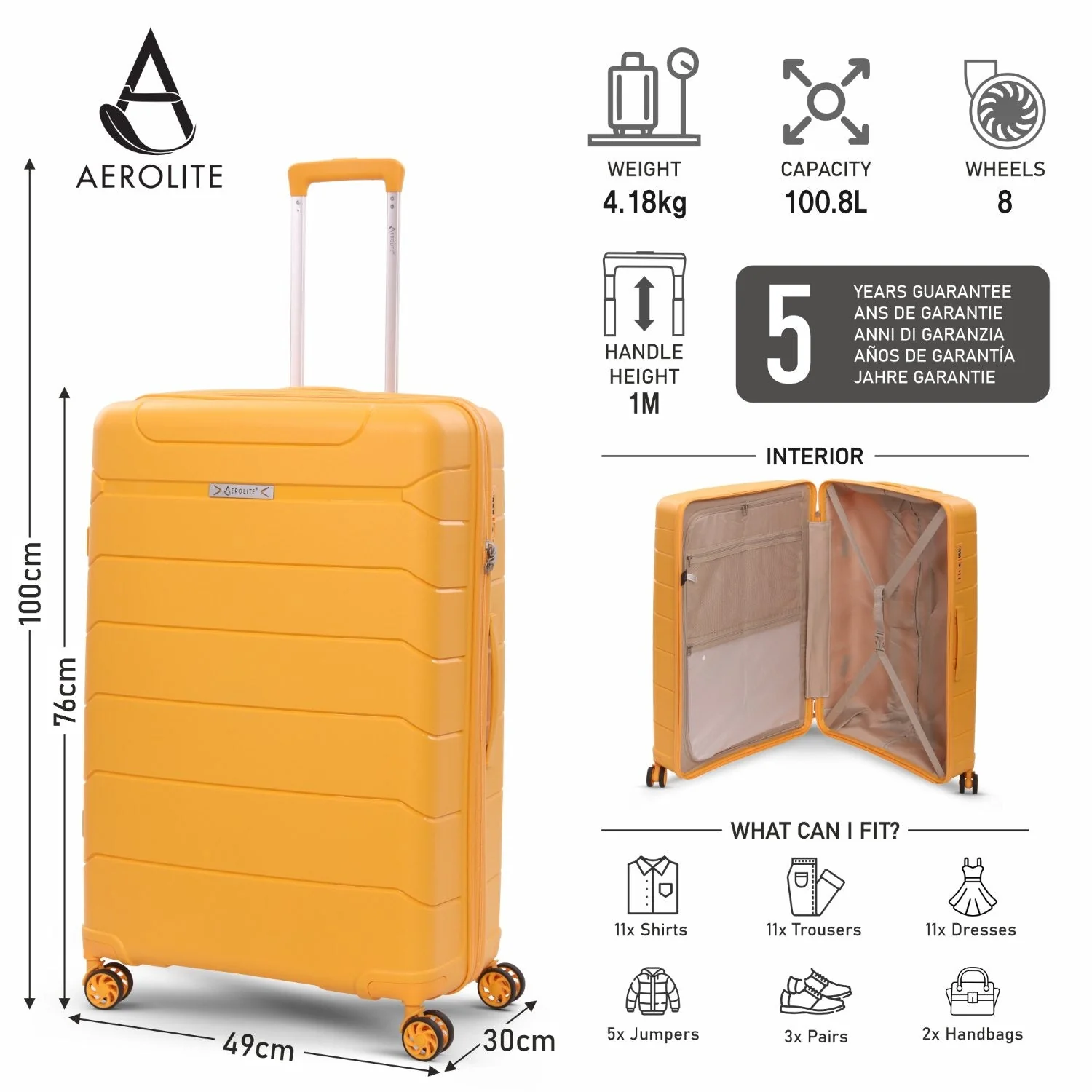 Aerolite Premium PP 2-Piece Luggage Set, Lightweight Polypropylene Hard Shell Suitcases with 4 Dual Spinner Wheels & TSA Lock, Expandable Cabin (21”), Large (28”), Expandable Carry-On Case Included – Mango - Image 10