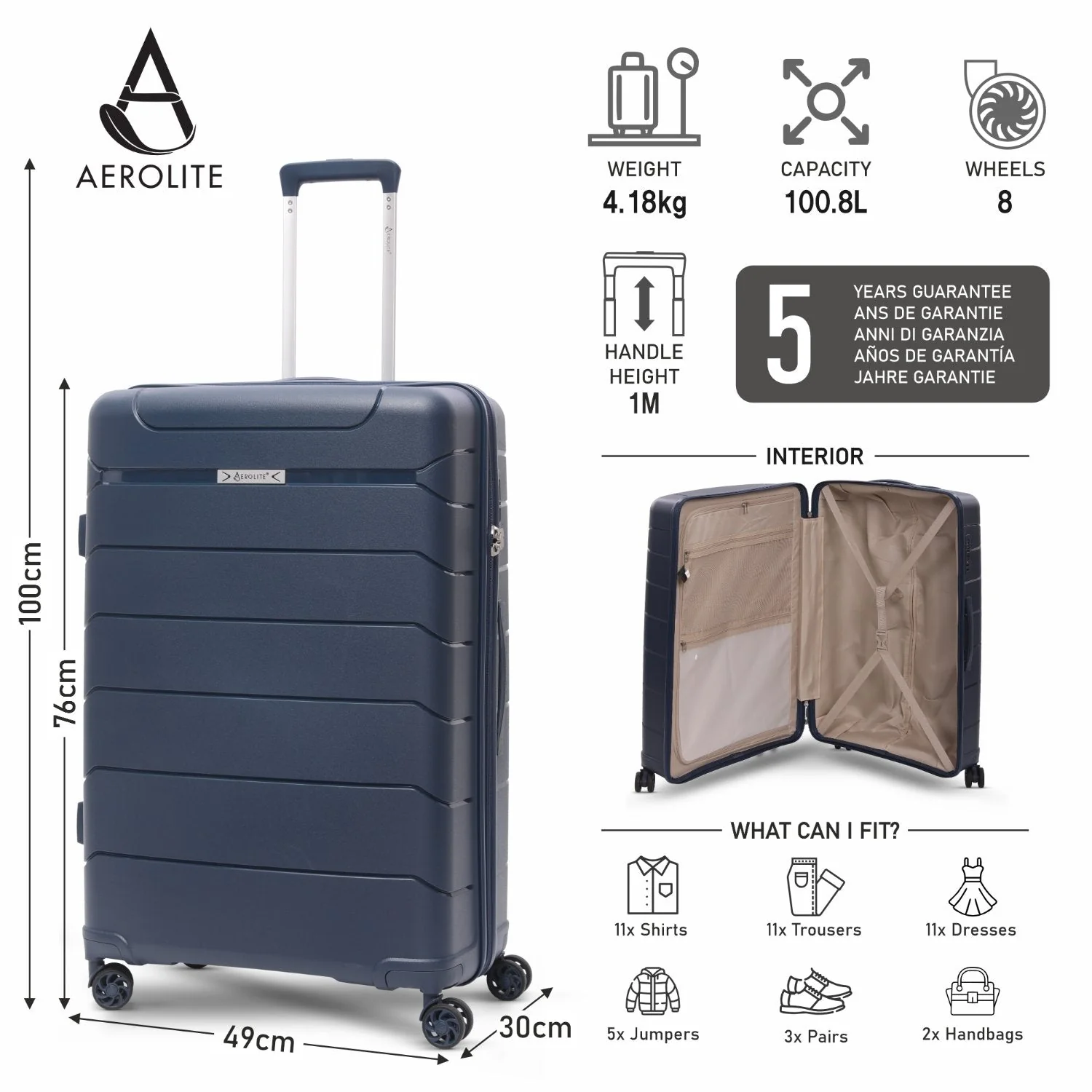 Aerolite Premium PP 2-Piece Luggage Set, Lightweight Polypropylene Hard Shell Suitcases with 4 Dual Spinner Wheels & TSA Lock, Expandable Cabin (21”), Large (28”), Expandable Carry-On Case Included – Navy - Image 10
