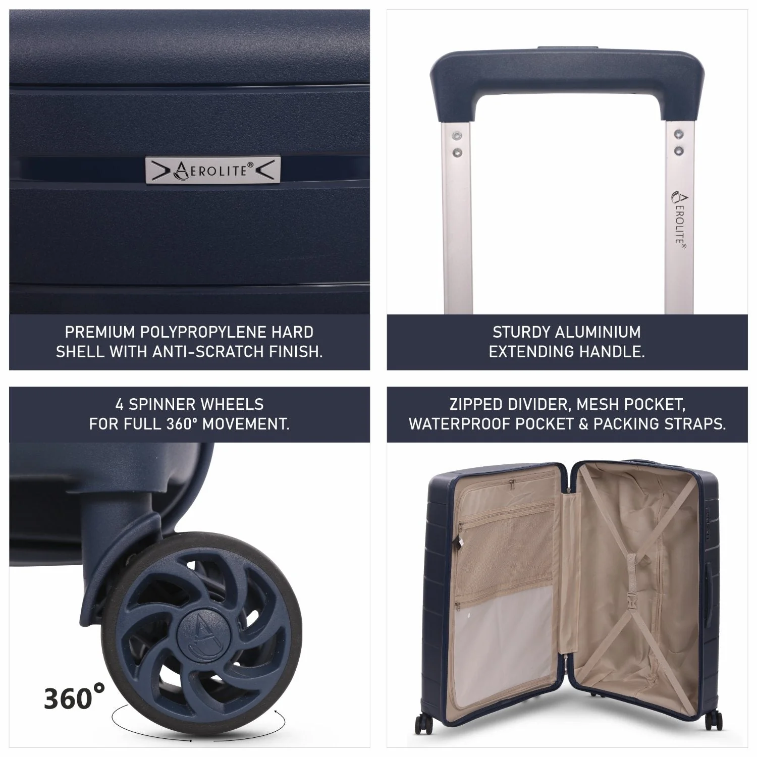 Aerolite Premium PP 2-Piece Luggage Set, Lightweight Polypropylene Hard Shell Suitcases with 4 Dual Spinner Wheels & TSA Lock, Expandable Cabin (21”), Large (28”), Expandable Carry-On Case Included – Navy - Image 11