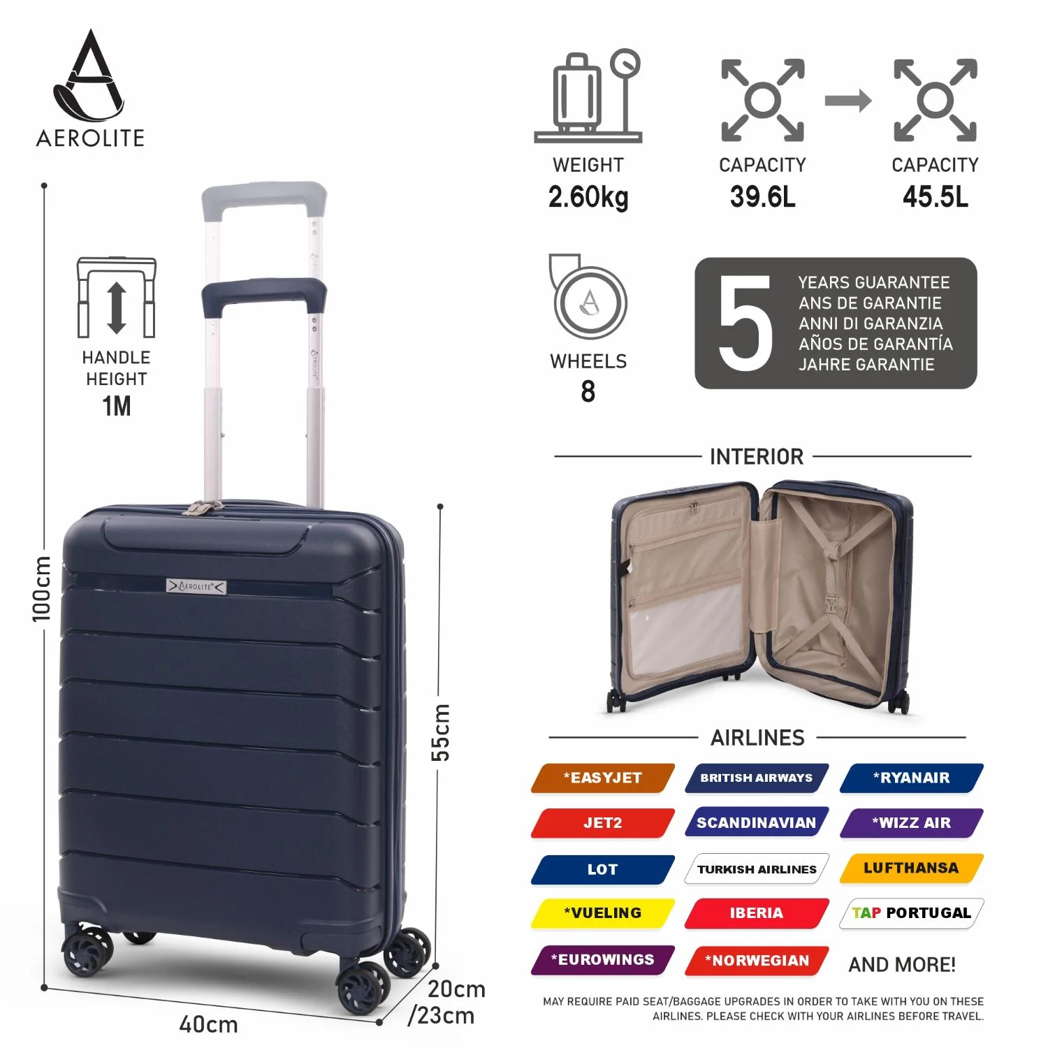 Aerolite Premium PP 2-Piece Luggage Set, Lightweight Polypropylene Hard Shell Suitcases with 4 Dual Spinner Wheels & TSA Lock, Expandable Cabin (21”), Large (28”), Expandable Carry-On Case Included – Navy - Image 3