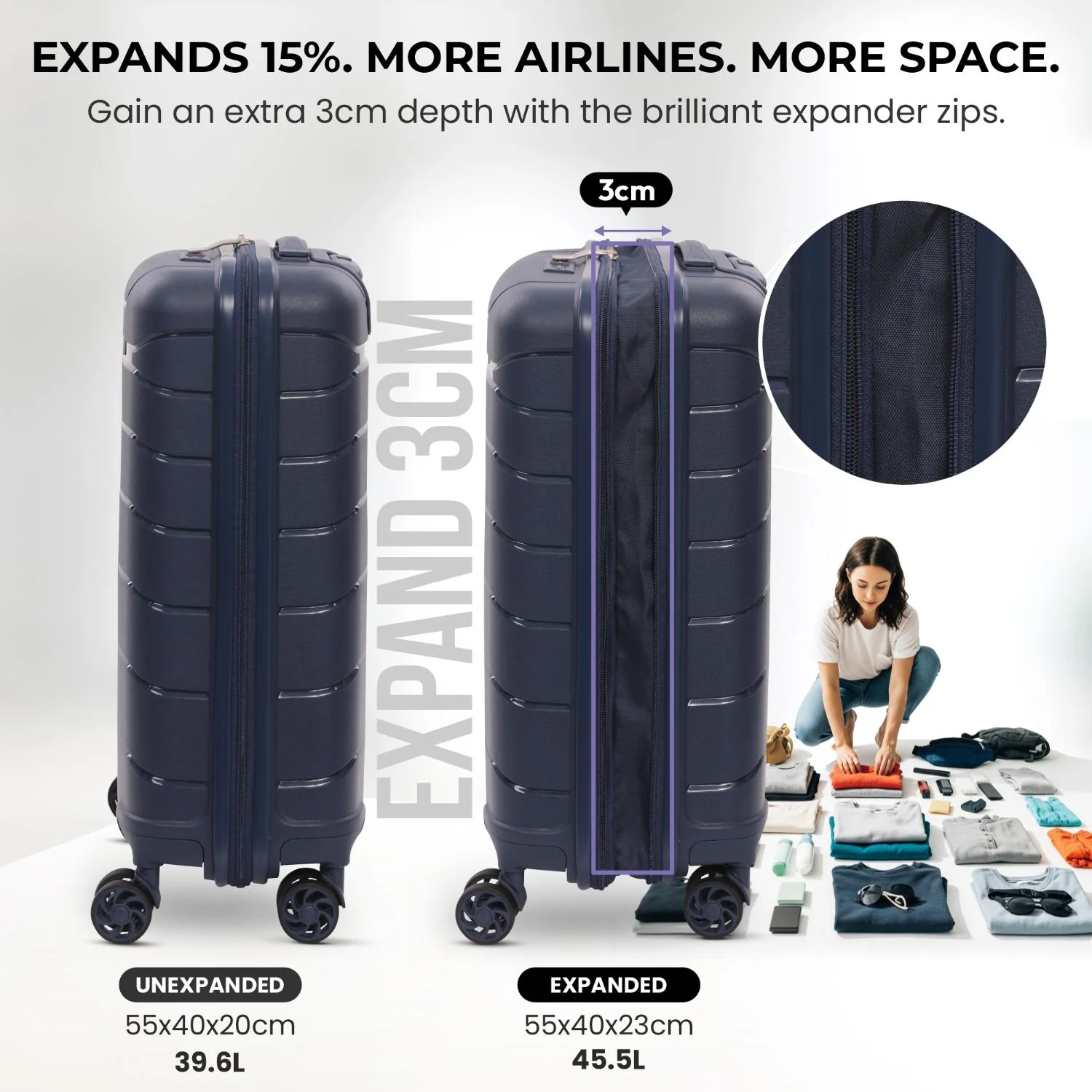Aerolite Premium PP 2-Piece Luggage Set, Lightweight Polypropylene Hard Shell Suitcases with 4 Dual Spinner Wheels & TSA Lock, Expandable Cabin (21”), Large (28”), Expandable Carry-On Case Included – Navy - Image 4