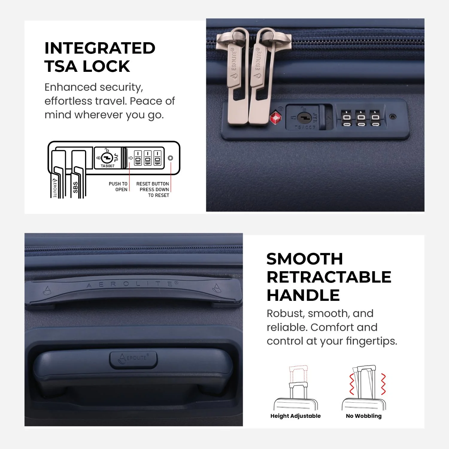 Aerolite Premium PP 2-Piece Luggage Set, Lightweight Polypropylene Hard Shell Suitcases with 4 Dual Spinner Wheels & TSA Lock, Expandable Cabin (21”), Large (28”), Expandable Carry-On Case Included – Navy - Image 6
