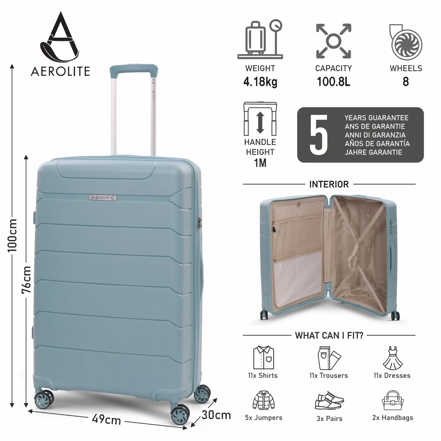 Aerolite Premium PP 2-Piece Luggage Set, Lightweight Polypropylene Hard Shell Suitcases with 4 Dual Spinner Wheels & TSA Lock, Expandable Cabin (21”), Large (28”), Expandable Carry-On Case Included – Sage - Image 12