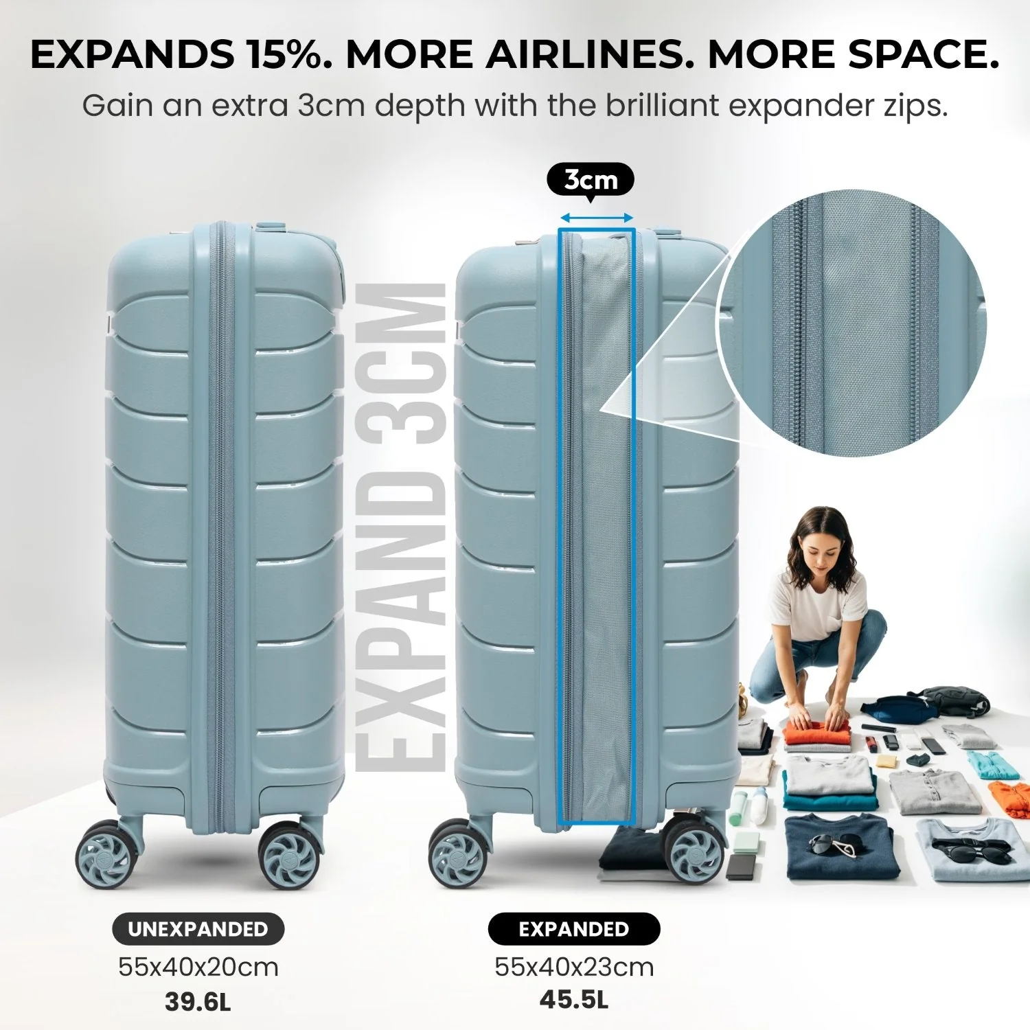 Aerolite Premium PP 2-Piece Luggage Set, Lightweight Polypropylene Hard Shell Suitcases with 4 Dual Spinner Wheels & TSA Lock, Expandable Cabin (21”), Large (28”), Expandable Carry-On Case Included – Sage - Image 6
