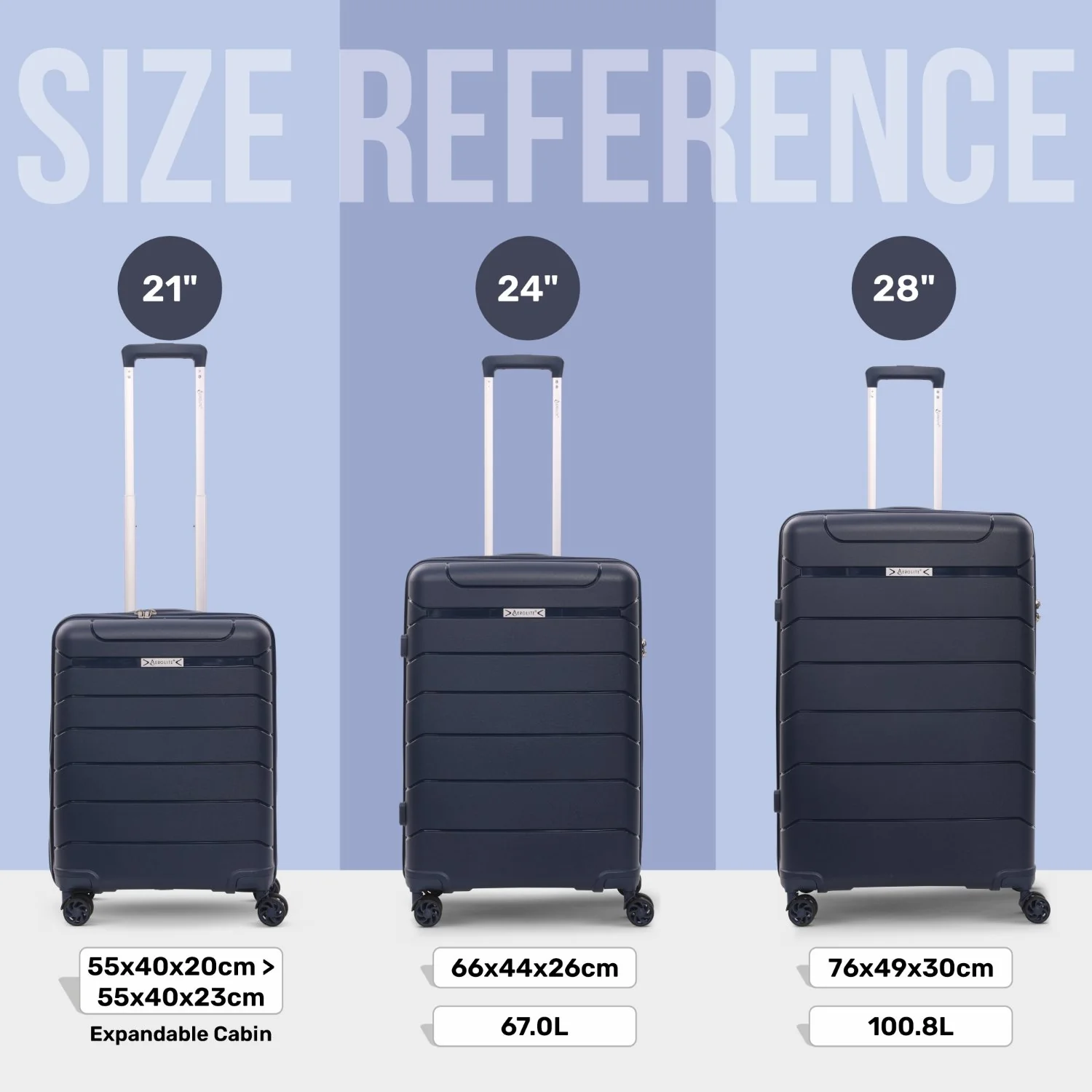 Aerolite Premium PP 3-Piece Luggage Set, Lightweight Polypropylene Hard Shell Suitcases with 4 Dual Spinner Wheels & TSA Lock, Expandable Cabin (21”), Medium (24”), Large (28”), Expandable Carry-On Case Included – Navy - Image 2