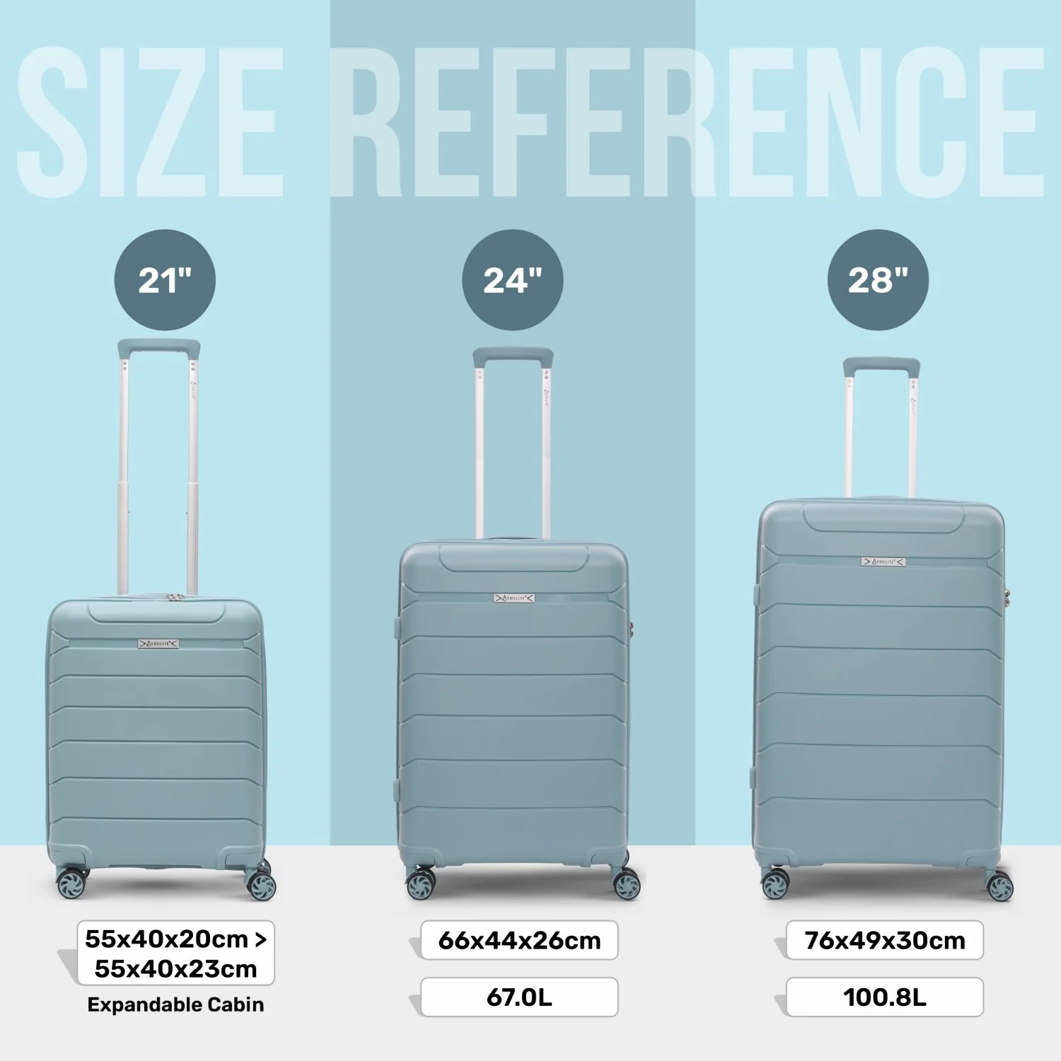 Aerolite Premium PP 3-Piece Luggage Set, Lightweight Polypropylene Hard Shell Suitcases with 4 Dual Spinner Wheels & TSA Lock, Expandable Cabin (21”), Medium (24”), Large (28”), Expandable Carry-On Case Included – Sage - Image 2