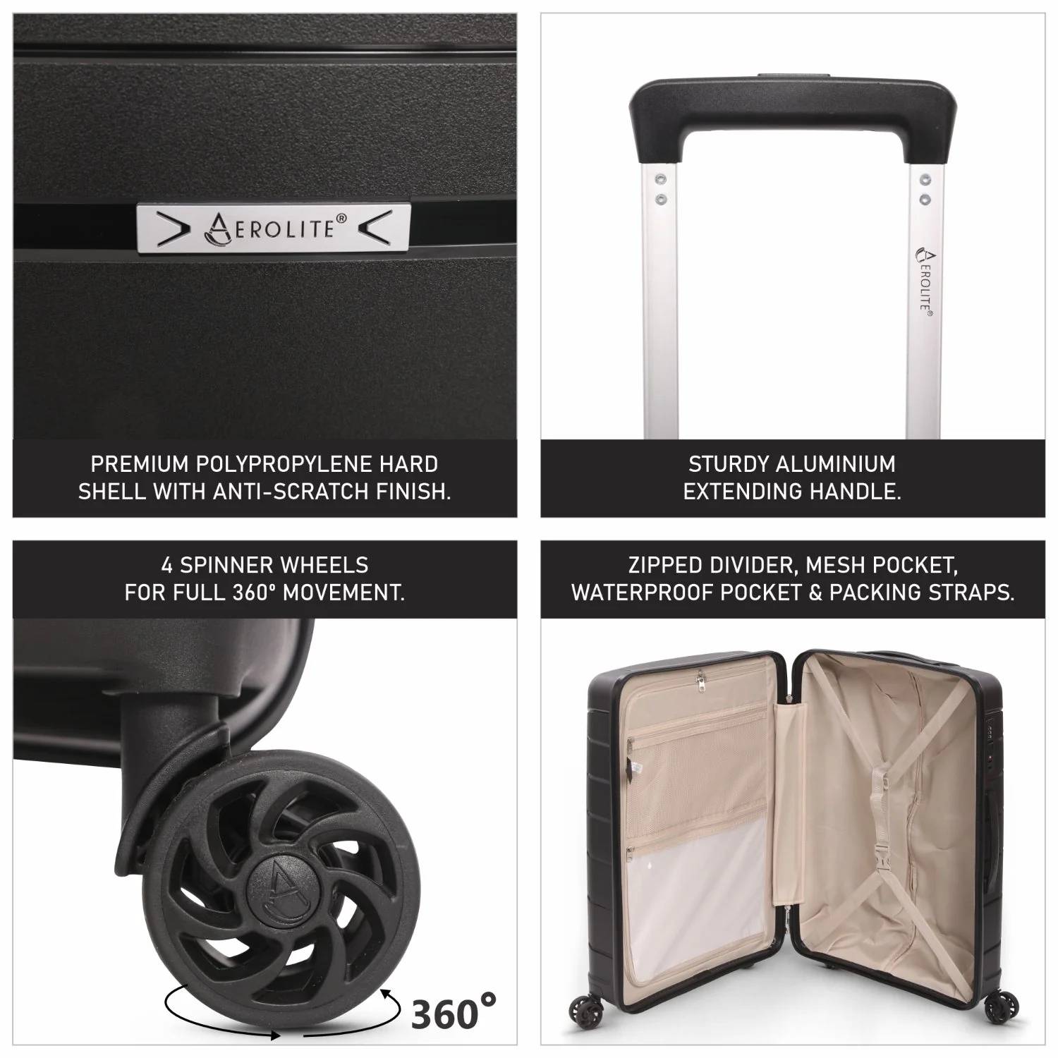 Aerolite 24” Medium 67L Lightweight Polypropylene (PP) Check-In Suitcase – Hard Shell Luggage with Spinner Wheels, TSA Lock & Organised Interior, Black - Image 3