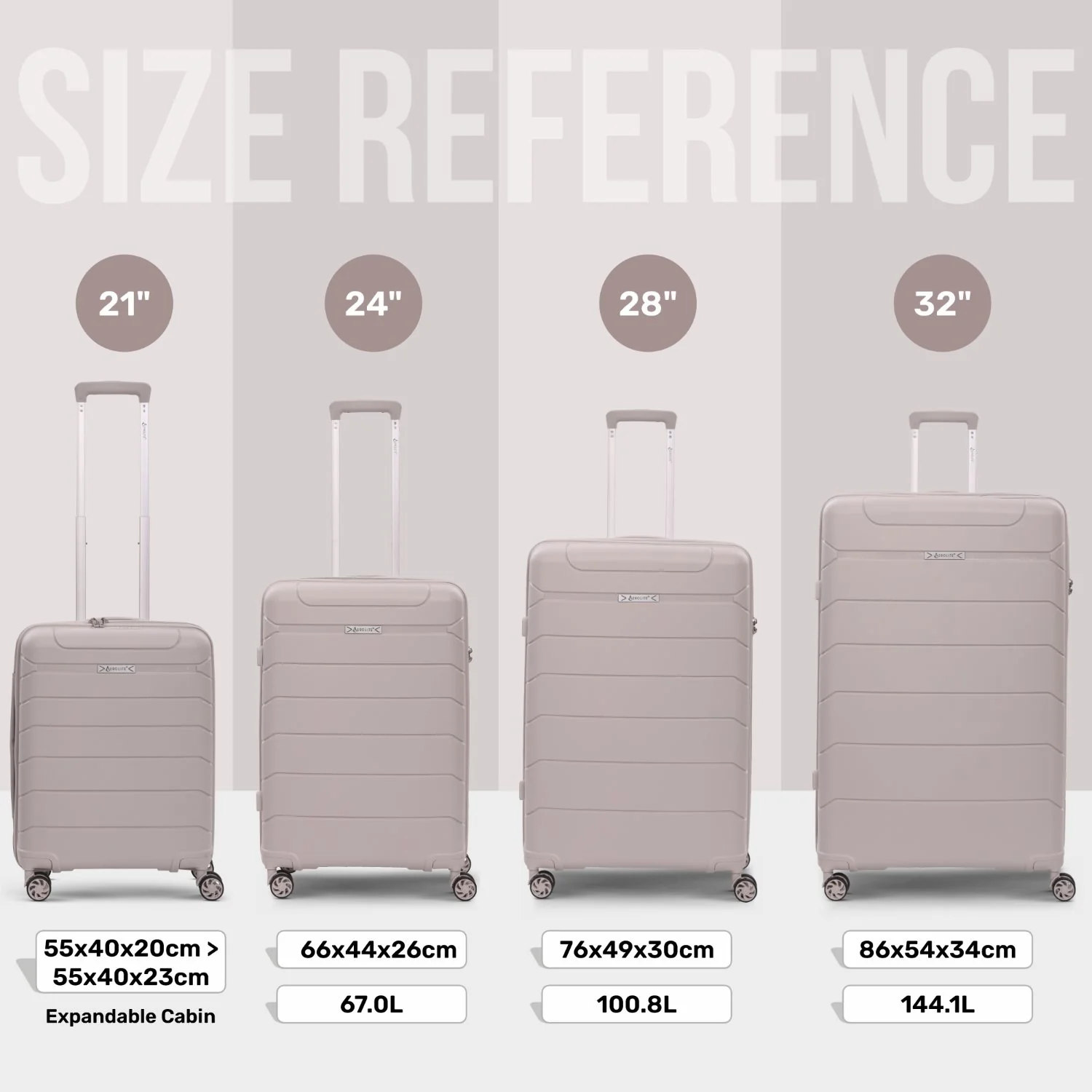 Aerolite Premium PP 4 Piece Hard Shell 4 Dual Wheel Spinner Travel Luggage Suitcase Set , Expandable Cabin + Medium + Large + Extra Large - Cream - Image 2