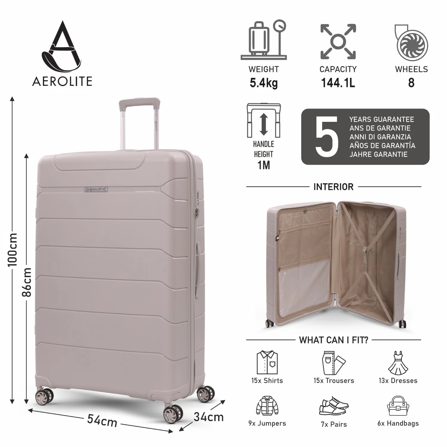 Aerolite Premium PP 4 Piece Hard Shell 4 Dual Wheel Spinner Travel Luggage Suitcase Set , Expandable Cabin + Medium + Large + Extra Large - Cream - Image 23